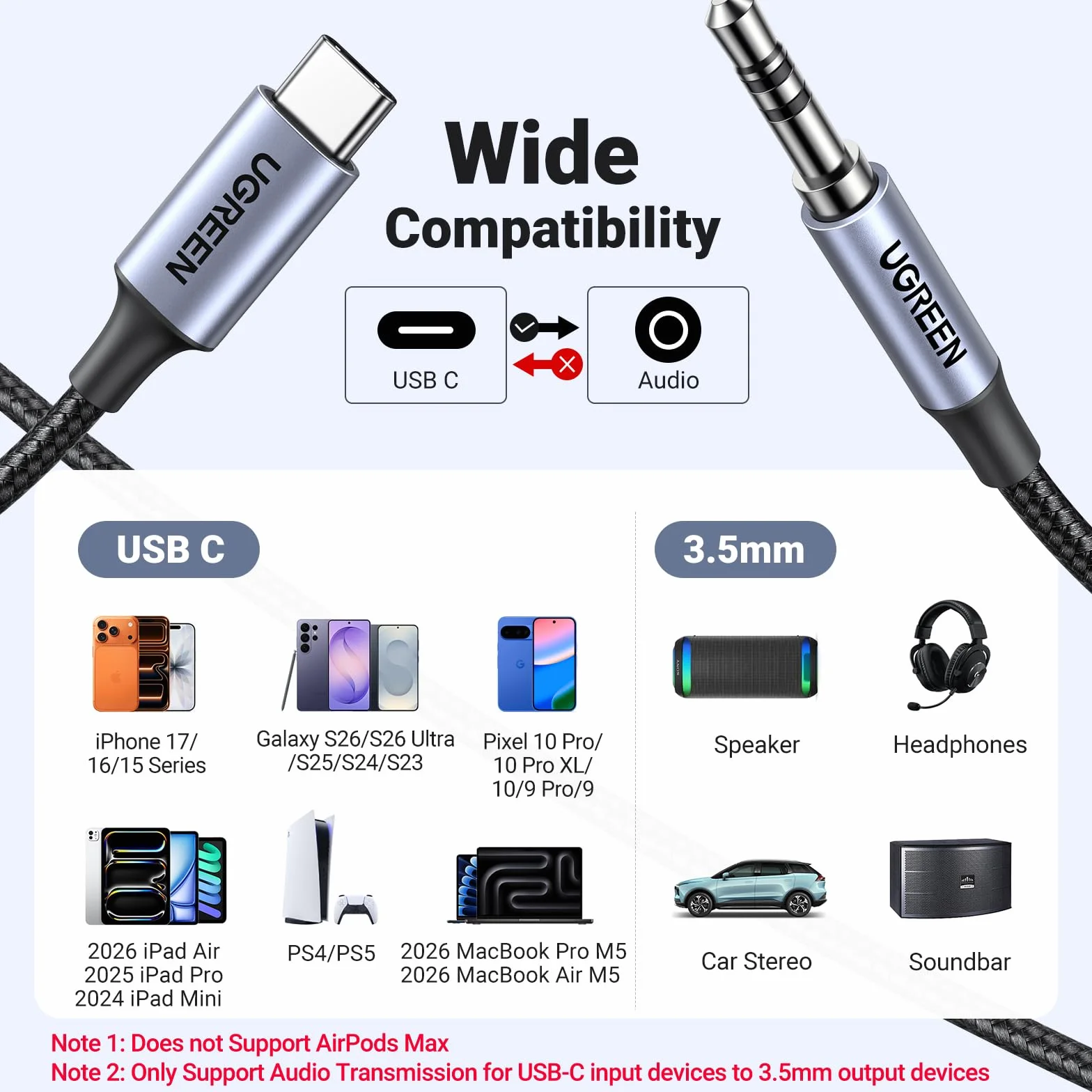 UGREEN Kabel USB C do 3.5 mm Aux z Układem DAC Kompatybilny z Galaxy S23 Ultra/S23+/S23/S22/S22+/S22 Ultra/S21+/S21/S21 Ultra/S20, Google Pixel 4, Pixel 3, itp.(1M)