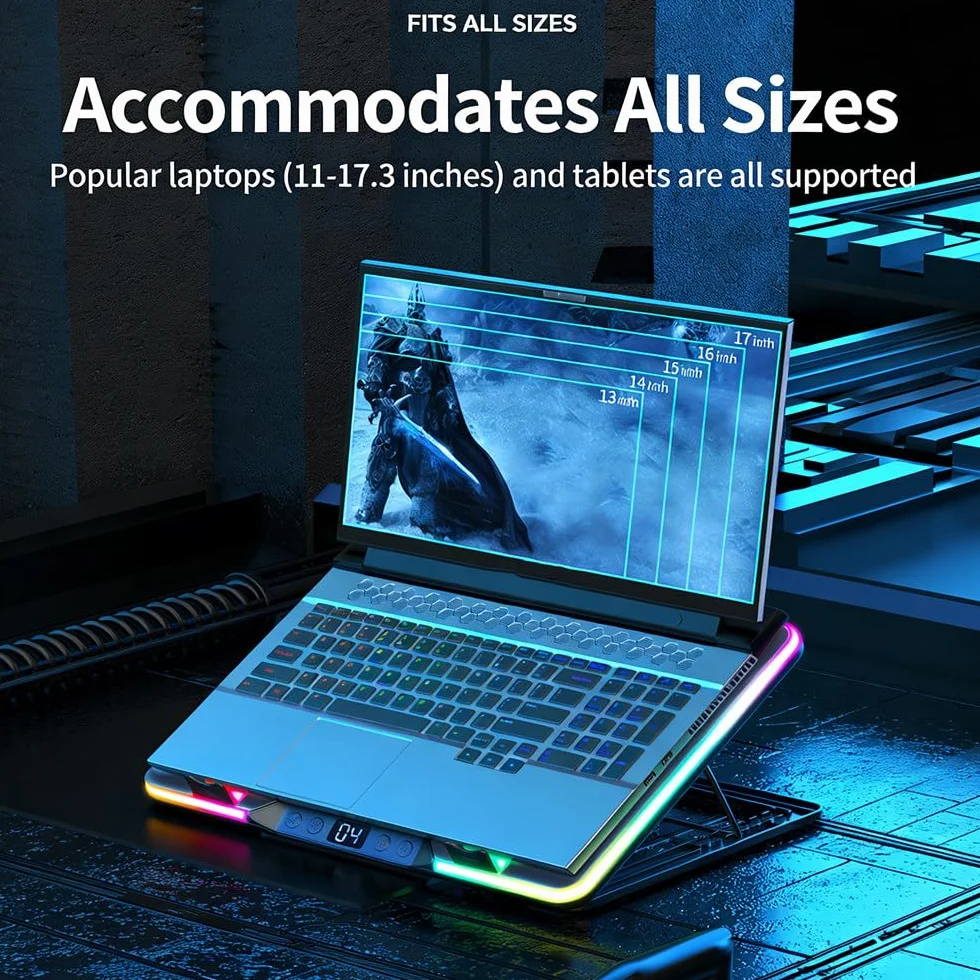 PodkłAdka ChłOdząCa Pod Laptopa Z 5 Cichymi Wentylatorami I OśWietleniem Rgb, WyśWietlacz Lcd, 4-Stopniowa PręDkość Wentylatora, 7-Stopniowa Regulacja WysokośCi Silver