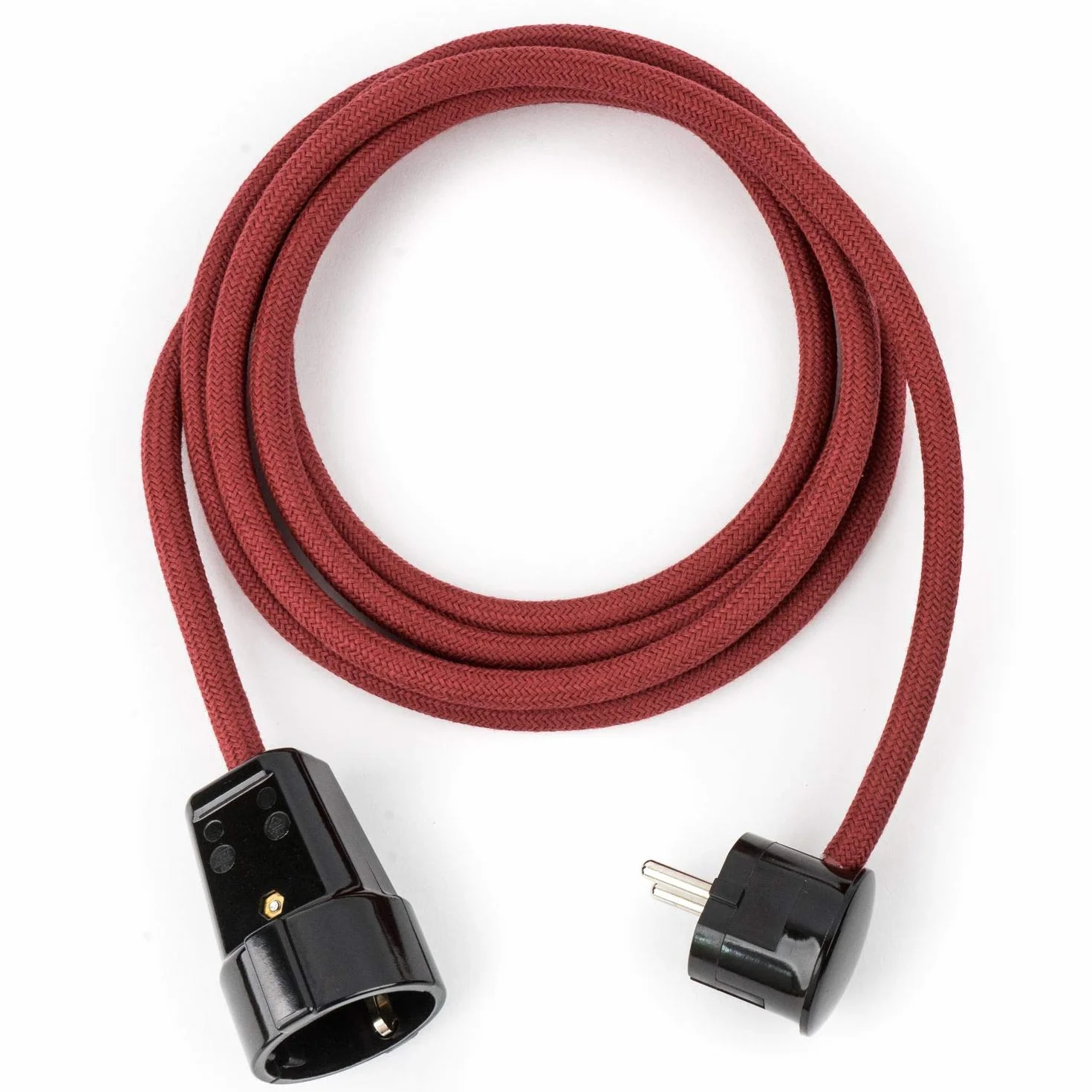 5 m tekstylny przedłużacz wiśniowy, tekstylny kabel z wtyczką kątową z zestykiem ochronnym i złączką z duroplastu (wygląd bakelitu)