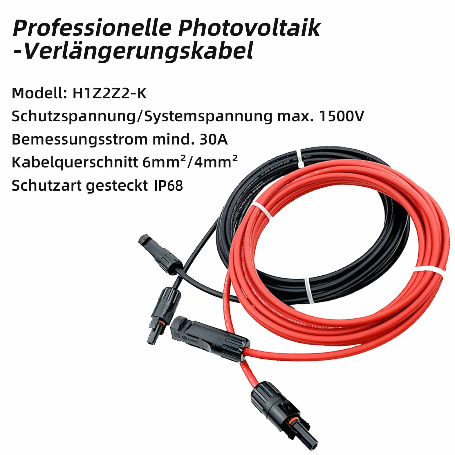 Profesjonalny kabel połączeniowy, przedłużacz (6 mm²/4 mm²), czerwone i czarne linie, kabel solarny wraz z zamontowaną wtyczką solarną po obu stronach (6 mm²-10 m)