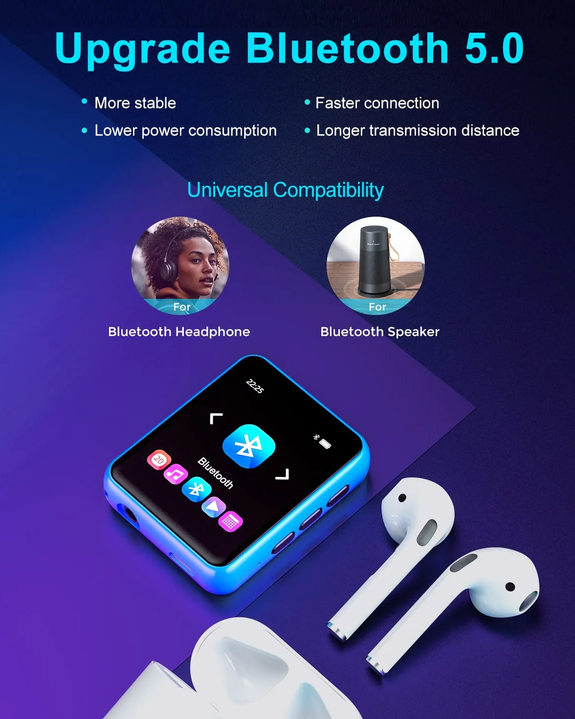 Odtwarzacz MP3 32GB Bluetooth 5.0 z pełnym ekranem dotykowym, Bezstratny odtwarzacz muzyczny HiFi Metalowa obudowa, radio FM, głośnik, nagrywanie liniowe, obsługuje do 128 GB