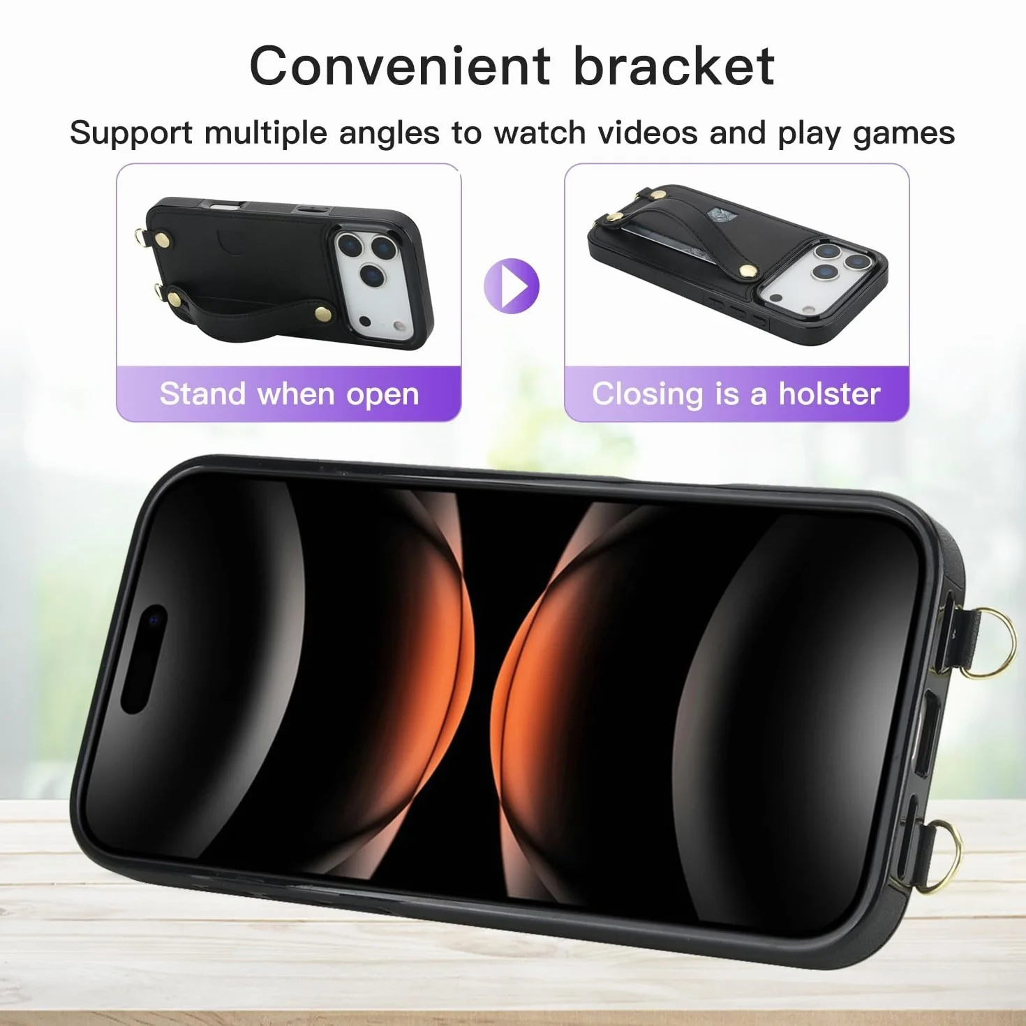 Generic etui kompatybilne z iPhone 15 Pro (kolor: czarny) przegródka na karty skórzana silikonowa tylna obudowa pokrowiec pasek na ramię