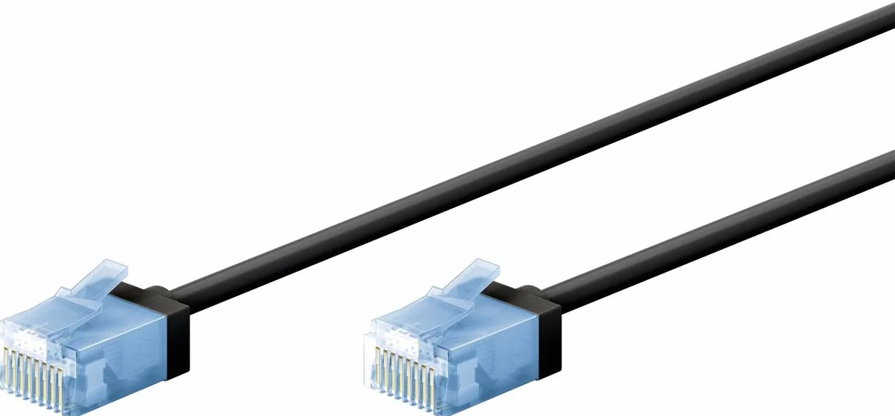goobay 74240 CAT 6A kabel krosowy slim/ultraelastyczny RJ45 CAT 6A kabel sieciowy U/UTP CU/cienki kabel Ethernet z krótkimi wtyczkami / 10 Gbit/s LSZH, ochrona przed zagięciem/czarny 7,5 m