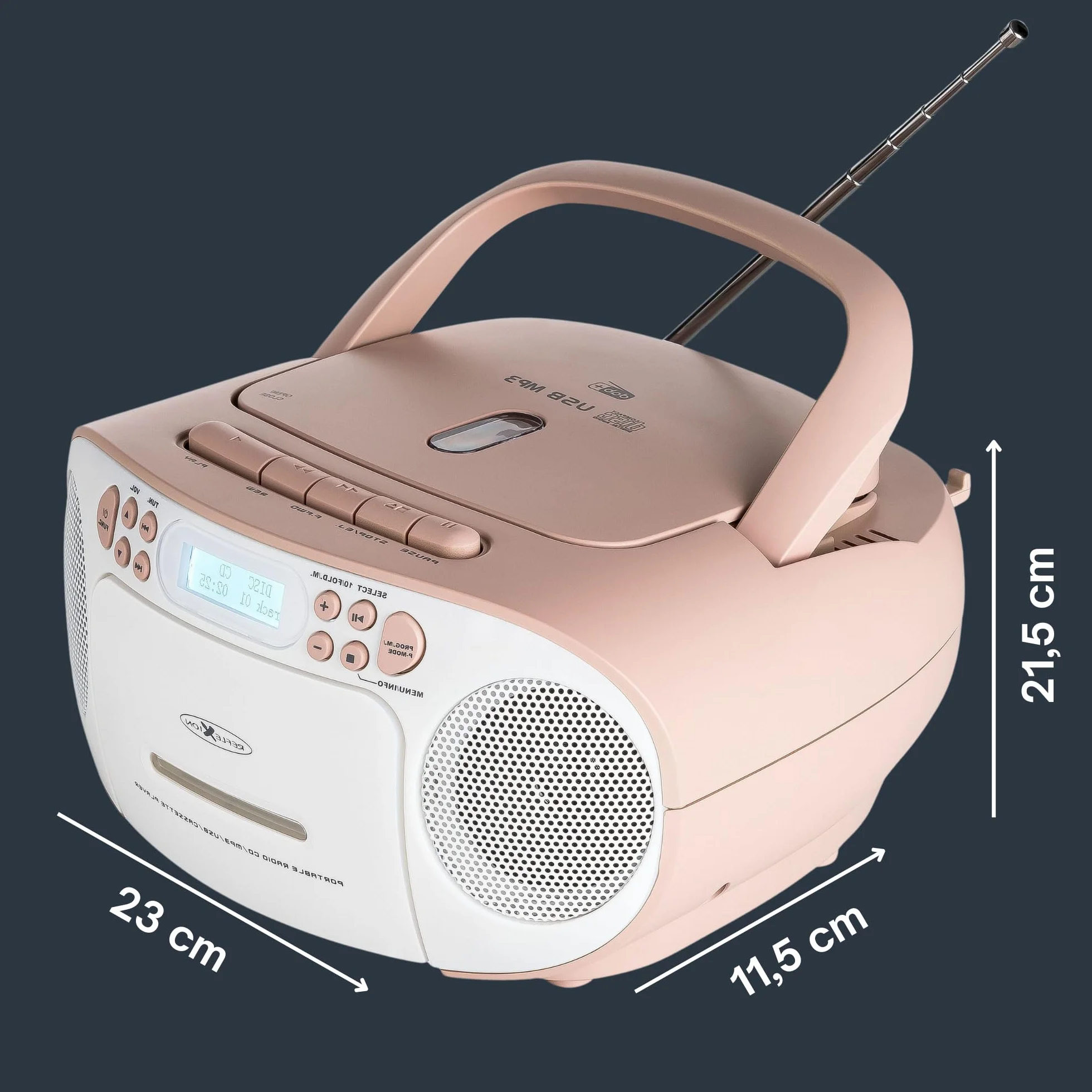 Reflexion RCR2260 odtwarzacz CD z kasetą i radiem do zasilania sieciowego i bateryjnego (radio PLL FM, wyświetlacz LCD, wejście AUX, złącze słuchawkowe), biały/różowy