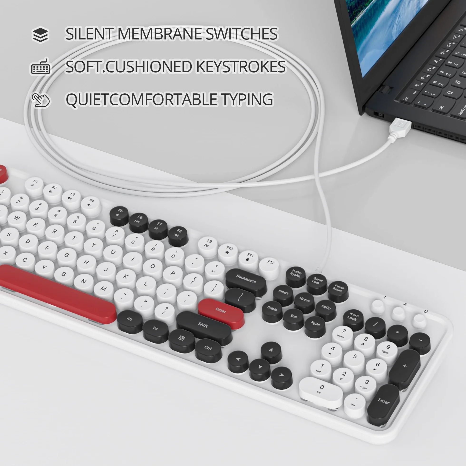 HJZWTS Owpkeenthy przewodowa urocza okrągła klawiatura do pisania w stylu retro, Plug and Play, USB, pełny rozmiar, ze składanymi stojakami do laptopa i komputera biurowego (minimalistyczna biel)