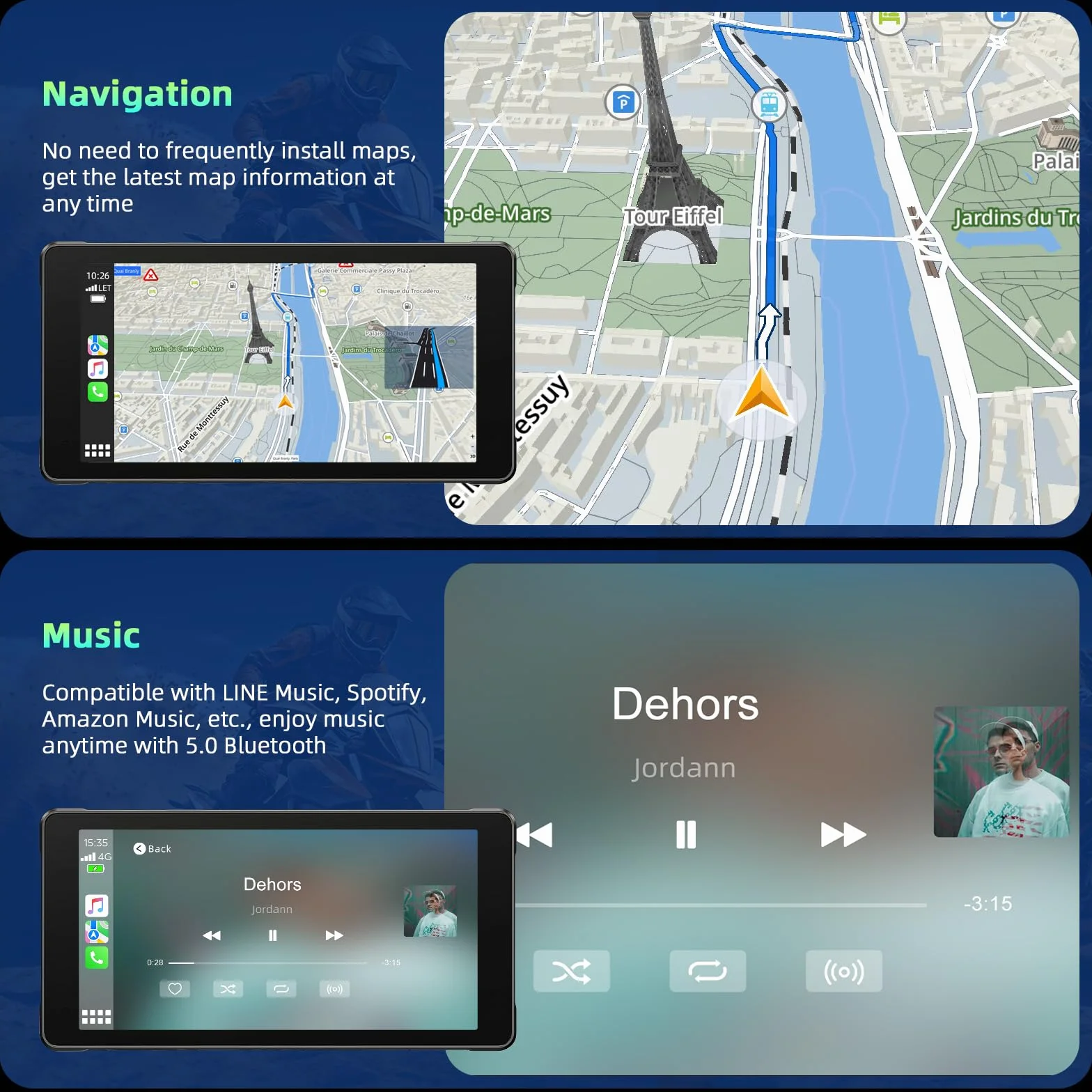 Volam Carplay Motorcycle Android Auto, przenośny wyświetlacz Carplay z kamerą przednią i tylną 2K+1080P dla motocykli, wodoodporny ekran dotykowy 5,5 cala, nawigacja, asystent Siri/G-oogle, aplikacja