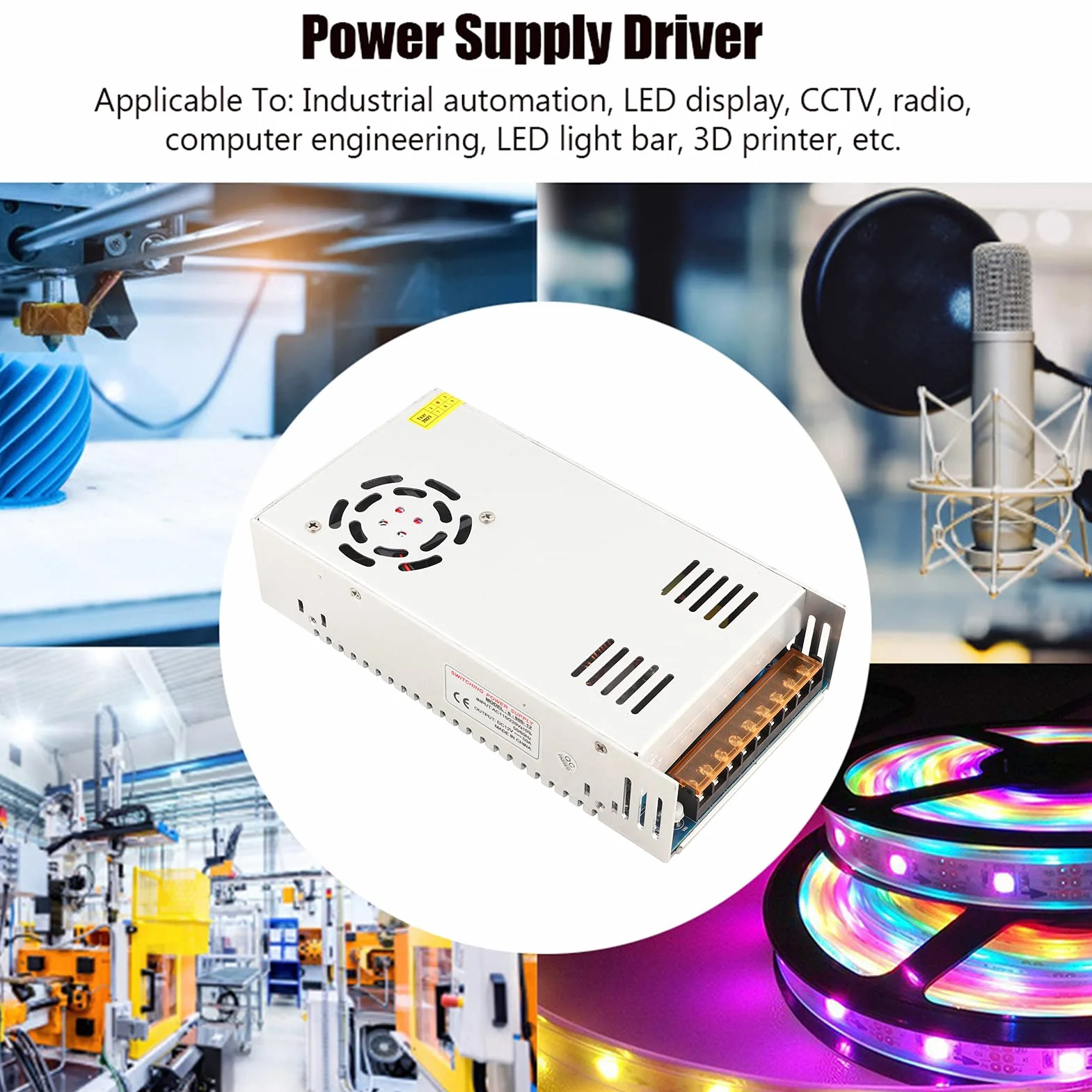 Alomejor Adapter Sterownika Zasilacza Impulsowego do Prądu Stałego 12 V, Zasilacz o Niskim Tętnieniu do Sprzętu CCTV i Radiowego, Wytrzymały materiał ze Stopu Aluminium, 1 Jednostka