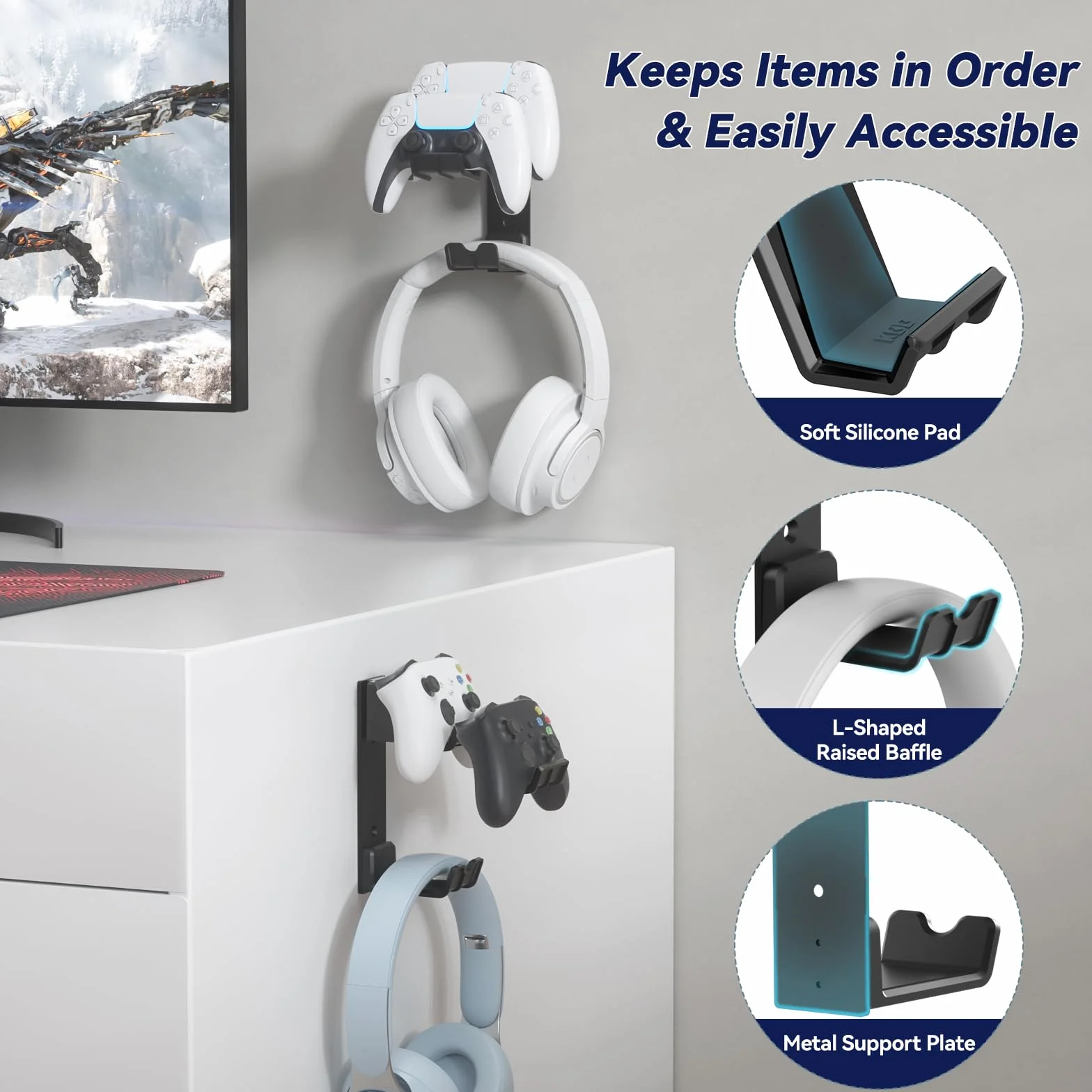 KDD Podwójny kontroler i uchwyt na słuchawki ścienny do gier Xbox Series X/S PS5 PS4 PS3 Switch STEAM PC