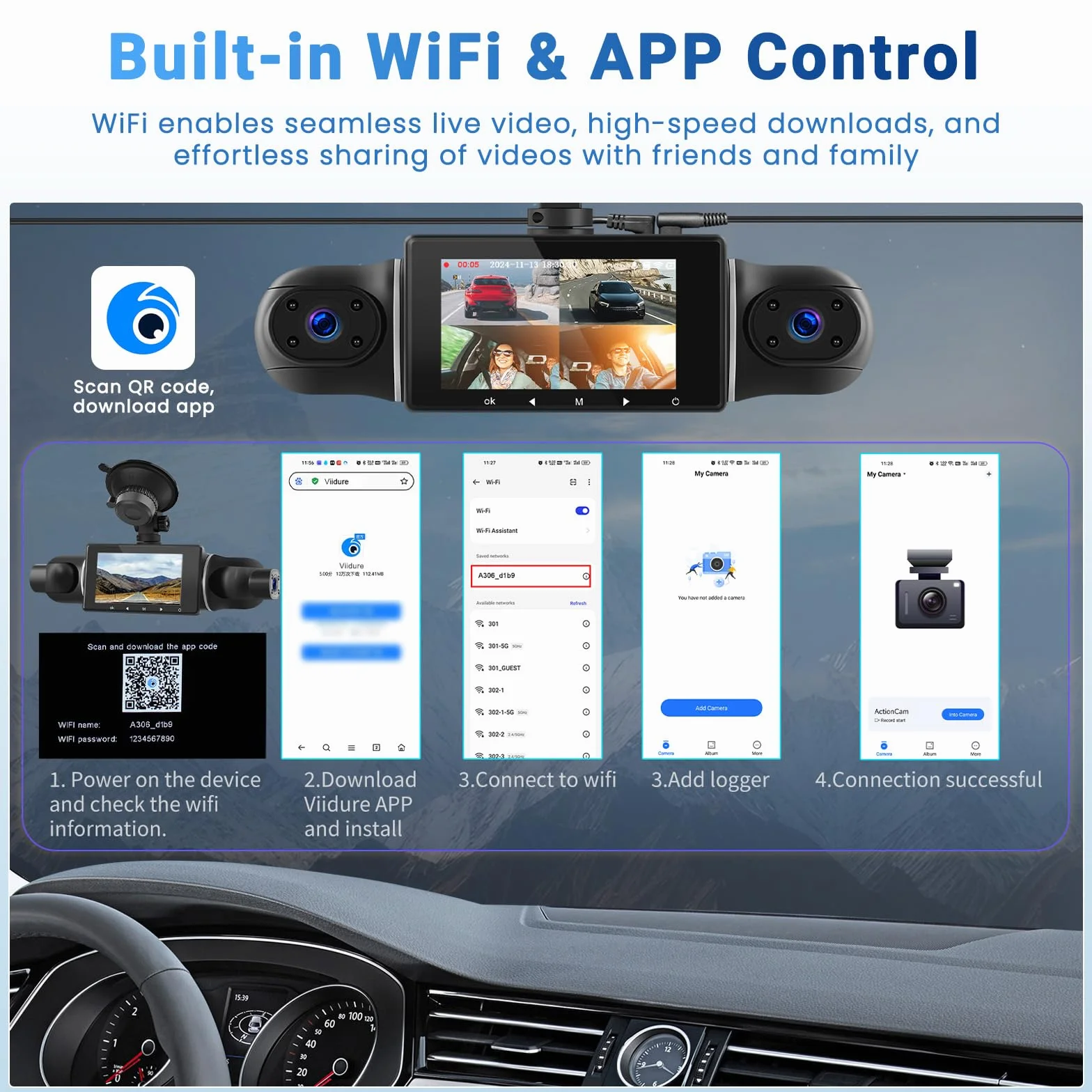 Kamera samochodowa z przodu 2K, wyświetlacz IPS 3" i 5G WiFi i karta 64 GB, obracana o 360°, kamera samochodowa z noktowizorem WDR, czujnik G, aplikacja Control, nagrywanie w pętli, szeroki kąt