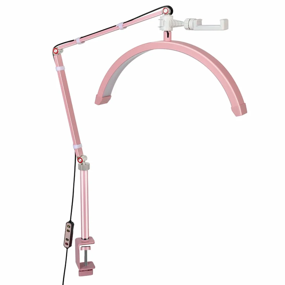 Andoer Lampa wideo LED, półksiężyc, 3000 K - 6000 K, ściemniana z zaciskiem C, do montażu na stole, stojak świetlny do salonu piękności, makijażu, streamingu na żywo, lampka nocna