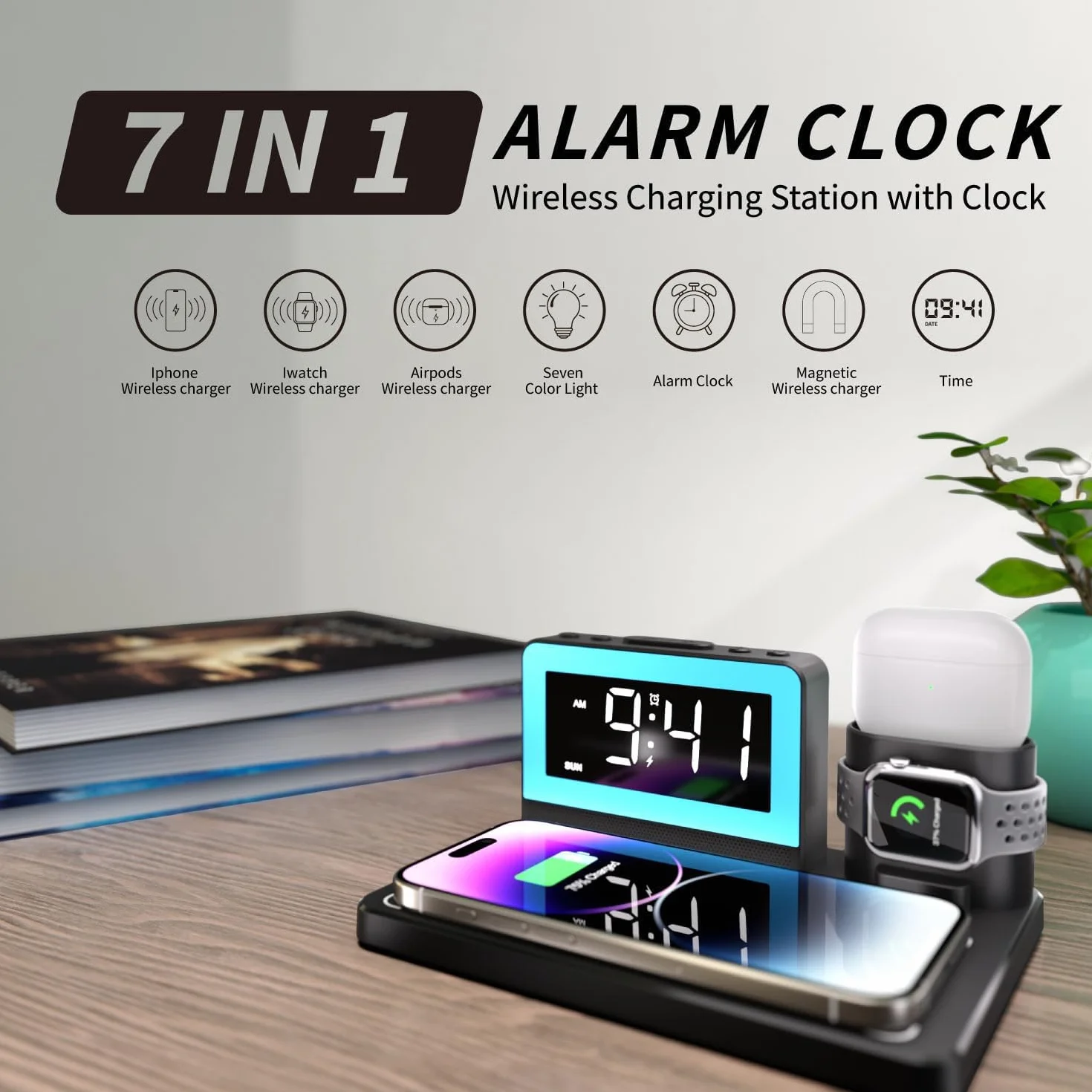 Bezprzewodowa stacja ładująca, budzik 7 w 1 z bezprzewodową ładowarką, stacja ładująca do wielu urządzeń Apple/Samsung Galaxy, dla iPhone Watch i Airpods