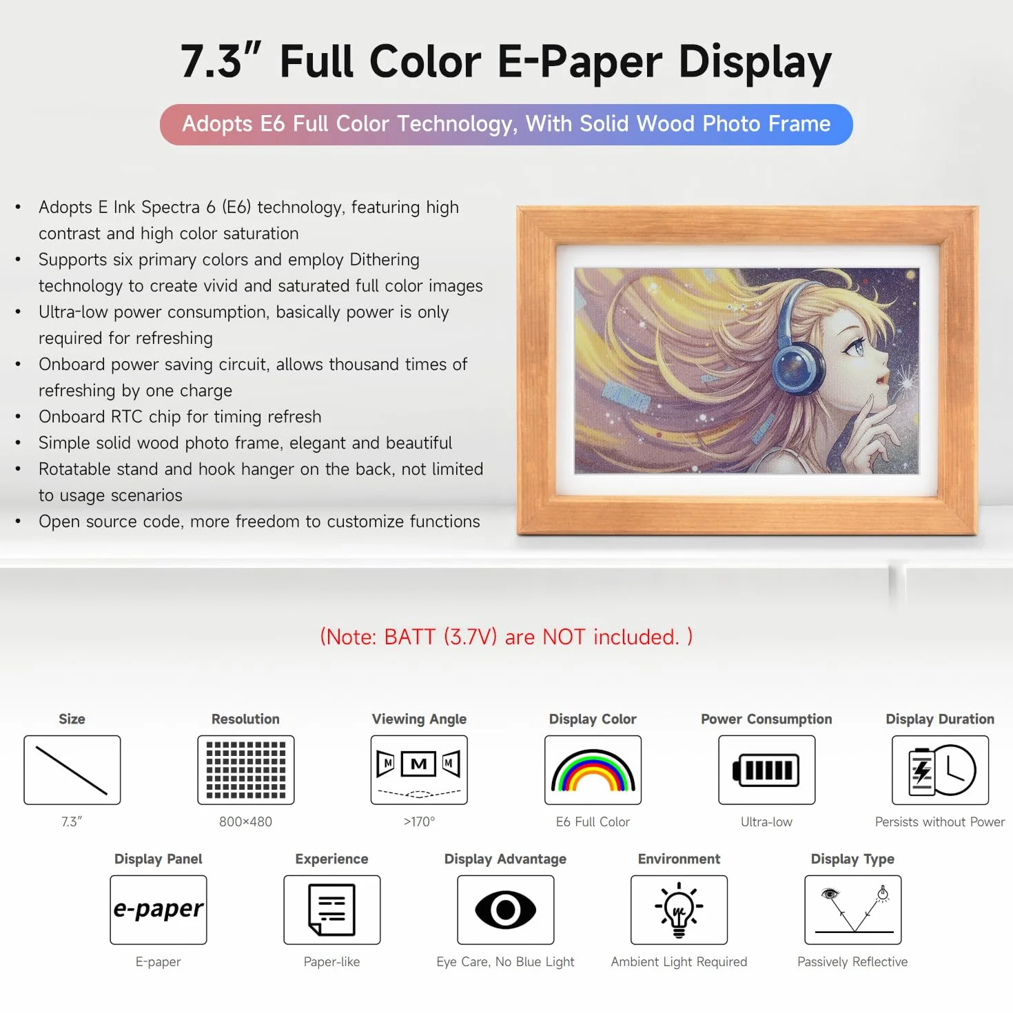 Waveshare 7.3inch E6 Full Color E-Paper With Solid Wood Photo Frame, Ultra-Long Standby, 800 x 480 Resolution(batt NOT Included)