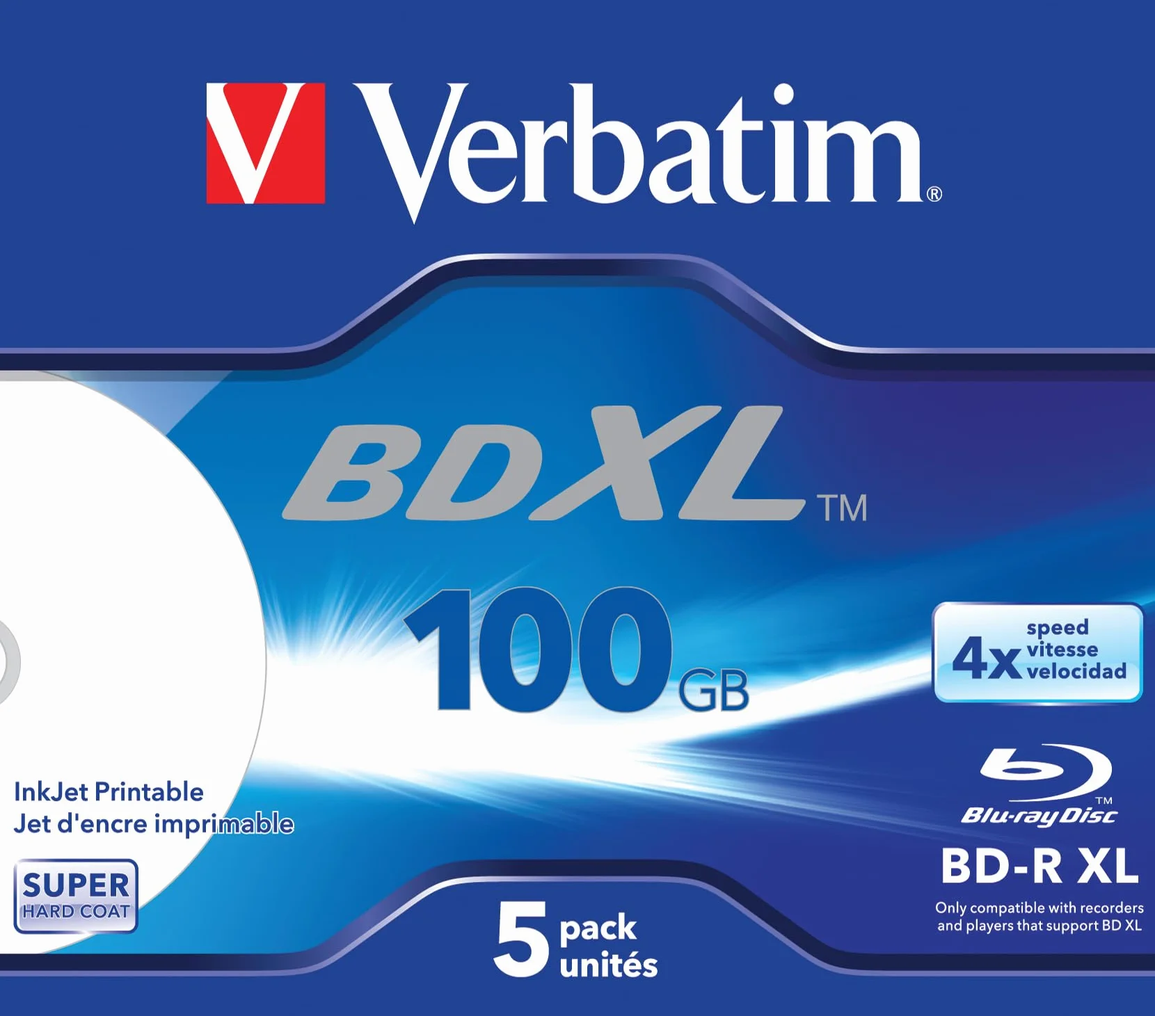 Verbatim BD-R XL 100 GB – płyta Blu-ray z 4-krotną prędkością zapisu, do drukowania, etui na klejnoty, 5-pak