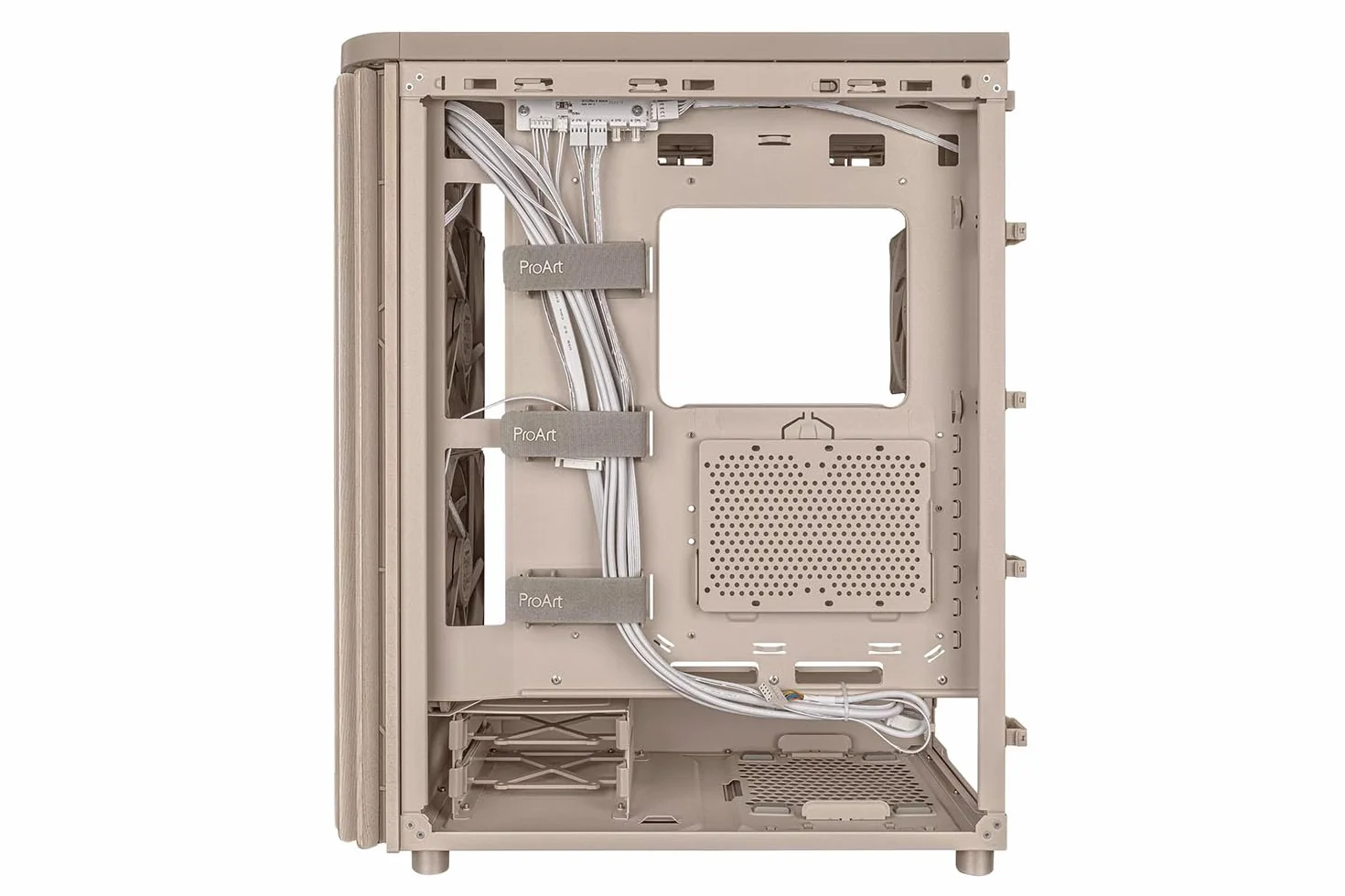 ASUS ProArt PA401 Wood Edition - Obudowa ATX z panelem siatkowym, kompatybilna z procesorem graficznym 314 mm, kompatybilna z chłodnicami 240 mm, dwa wentylatory 160 mm, zdejmowany uchwyt zasilacza