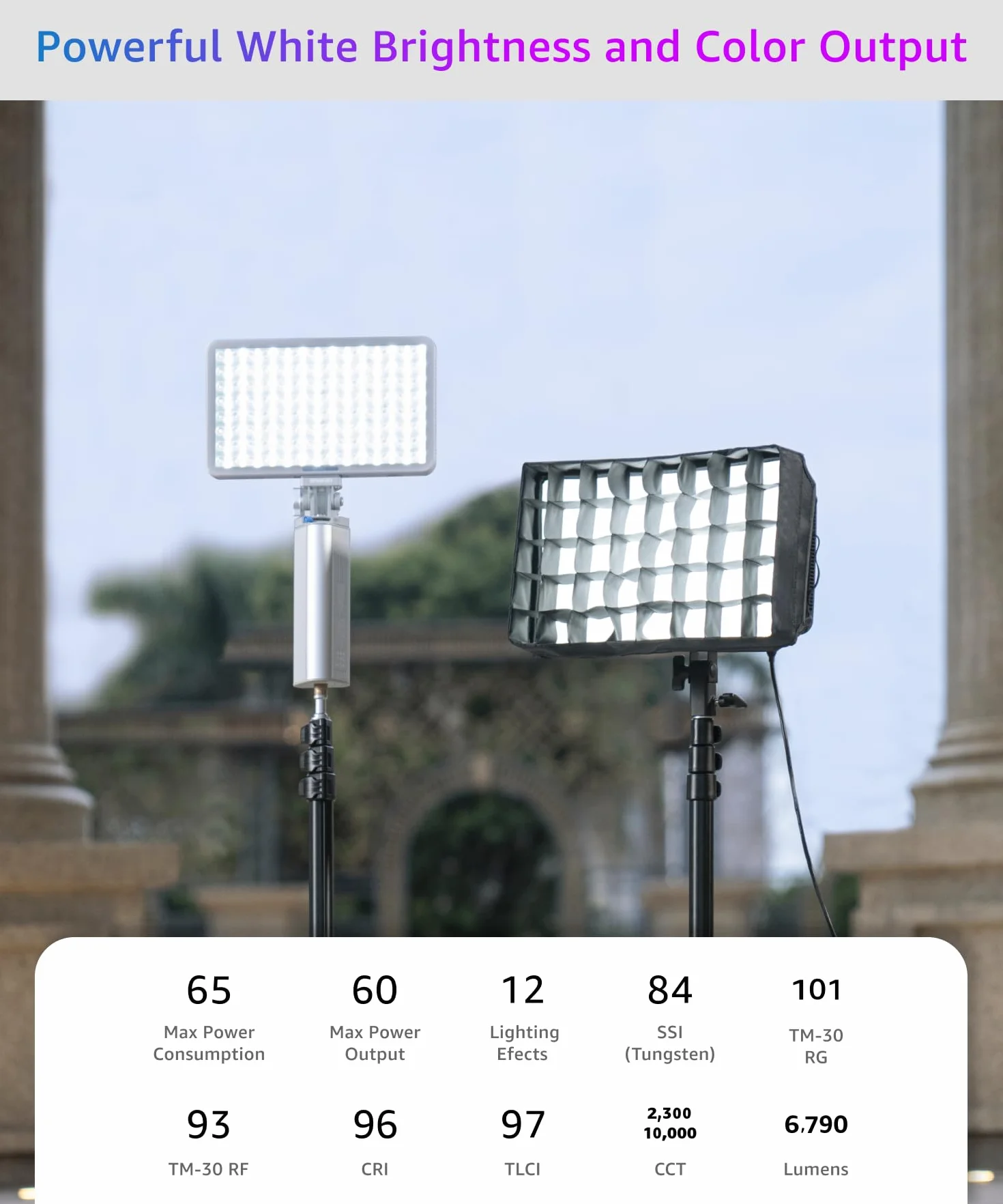 amaran Pano 60c 2-Light Kit 60 W RGBWW zestaw lamp panelowych pełnokolorowych, 22.220 lx @ 0,5 m, zasilanie USB-C PD, w zestawie softboxy, siatki, dyfuzory, statywy i torba do przenoszenia fotografii