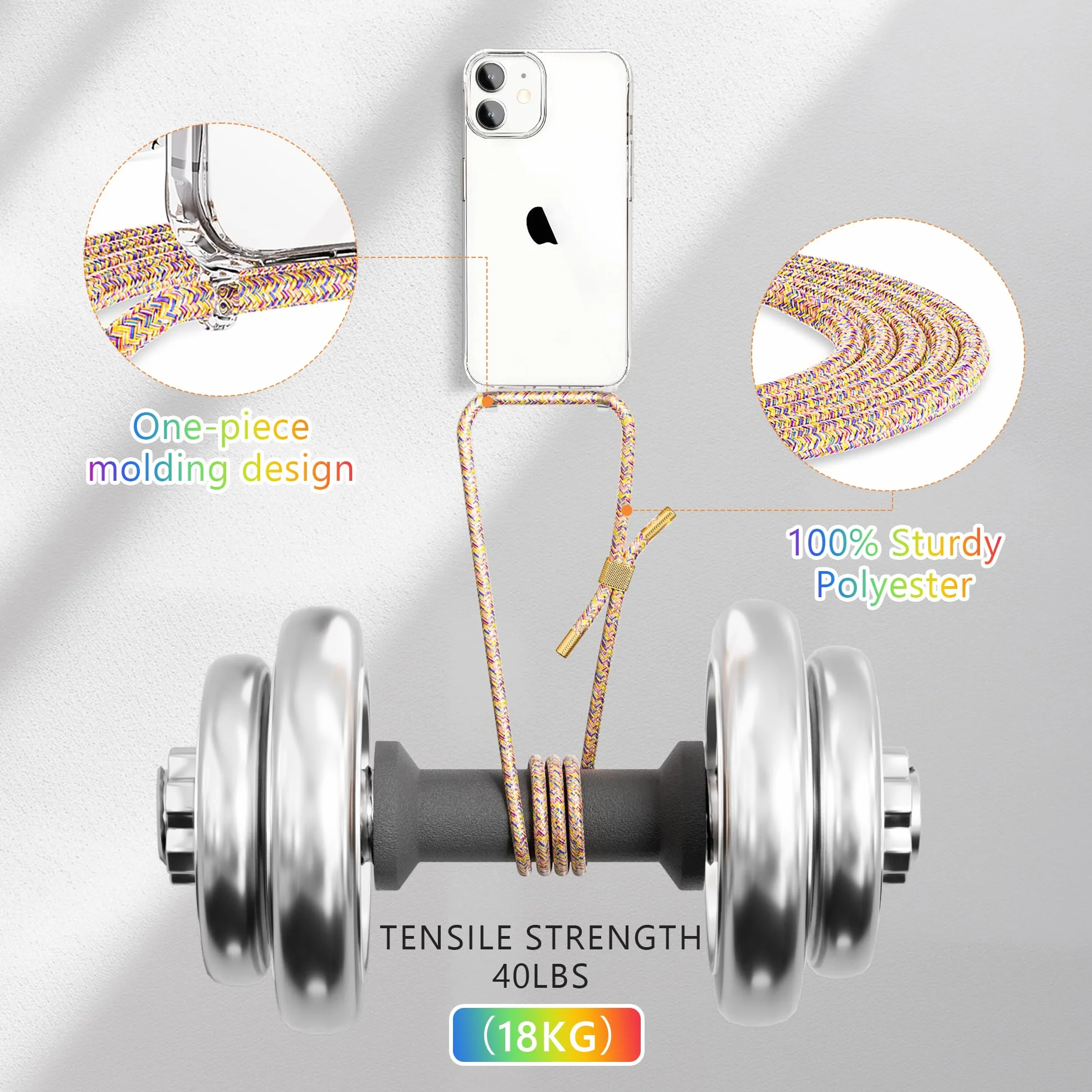 [5 w 1] 1 x zestaw ze smyczką na telefon komórkowy iPhone 12 Mini, etui z paskiem + 1 x przezroczyste etui ochronne + 2 x folia ochronna + 1 x szkło chroniące aparat fotograficzny, zdejmowany