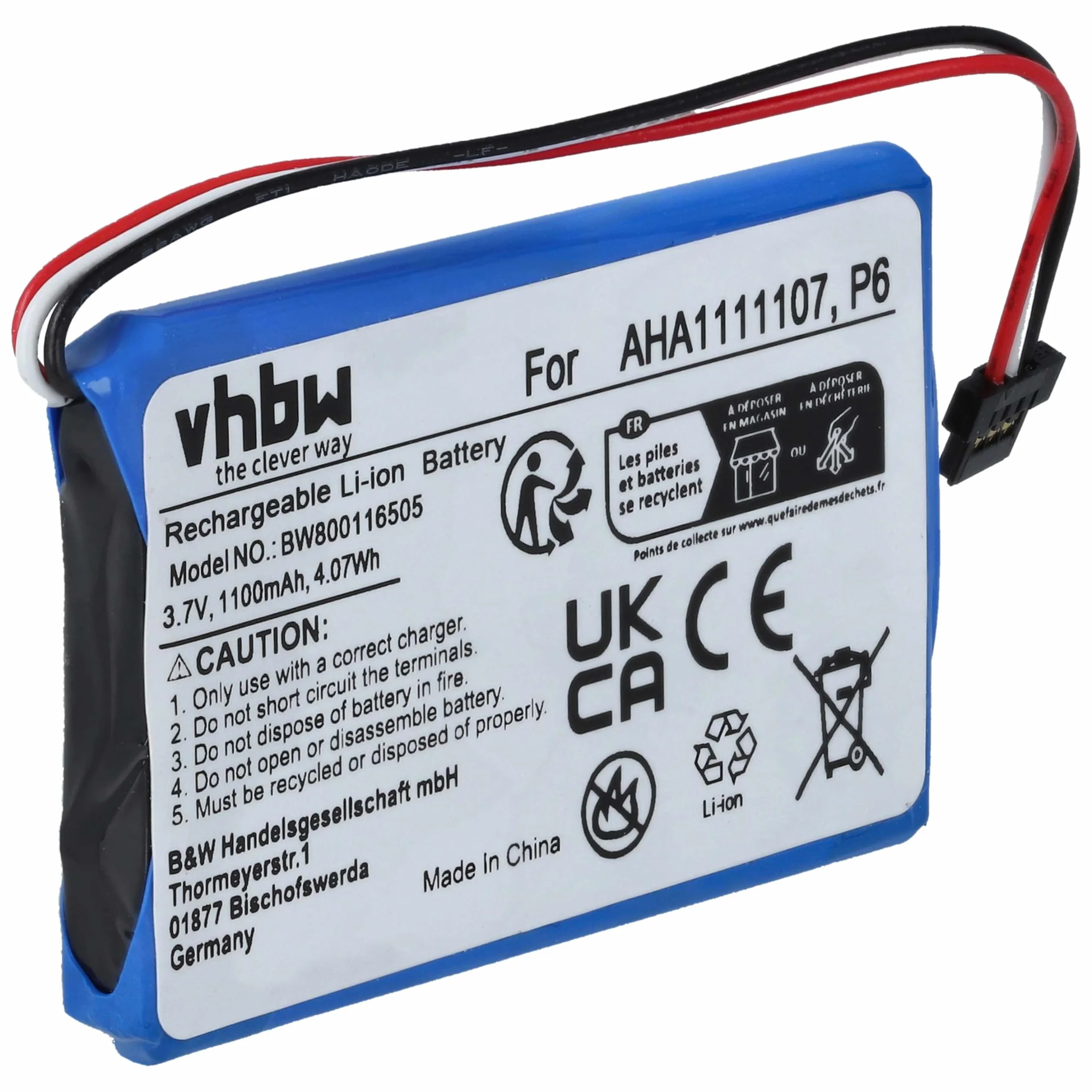 vhbw Bateria zamienna do Tomtom P6, AHA11111010, AHA1111107 do nawigacji GPS (1100 mAh, 3,7 V, litowo-jonowa)