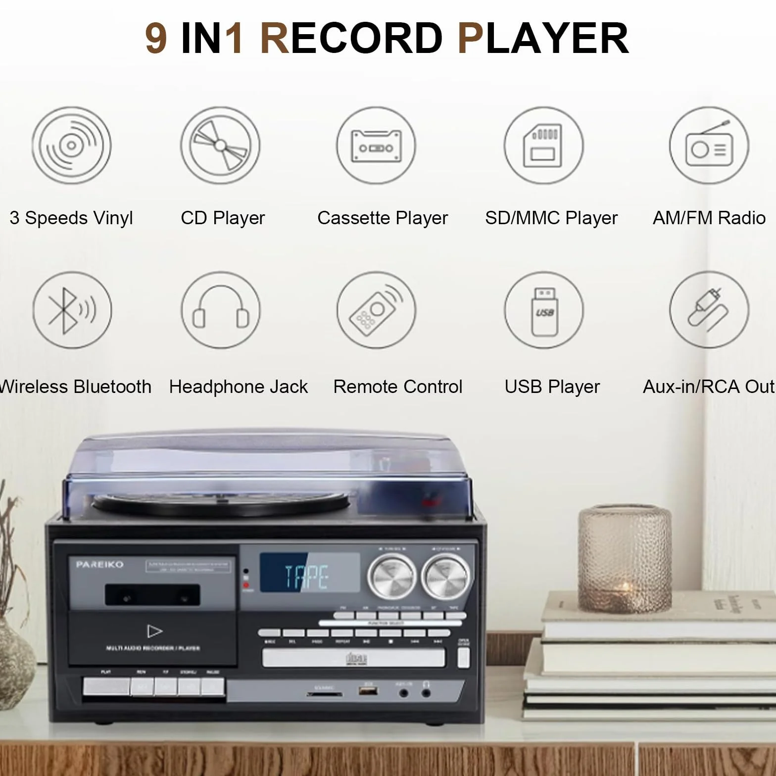 Gramofon winylowy, 9 w 1, gramofon vintage, 3-biegowa automatyczna do domowej rozrywki, odtwarzacz muzyki LP w stylu retro, system audio z wbudowanymi głośnikami