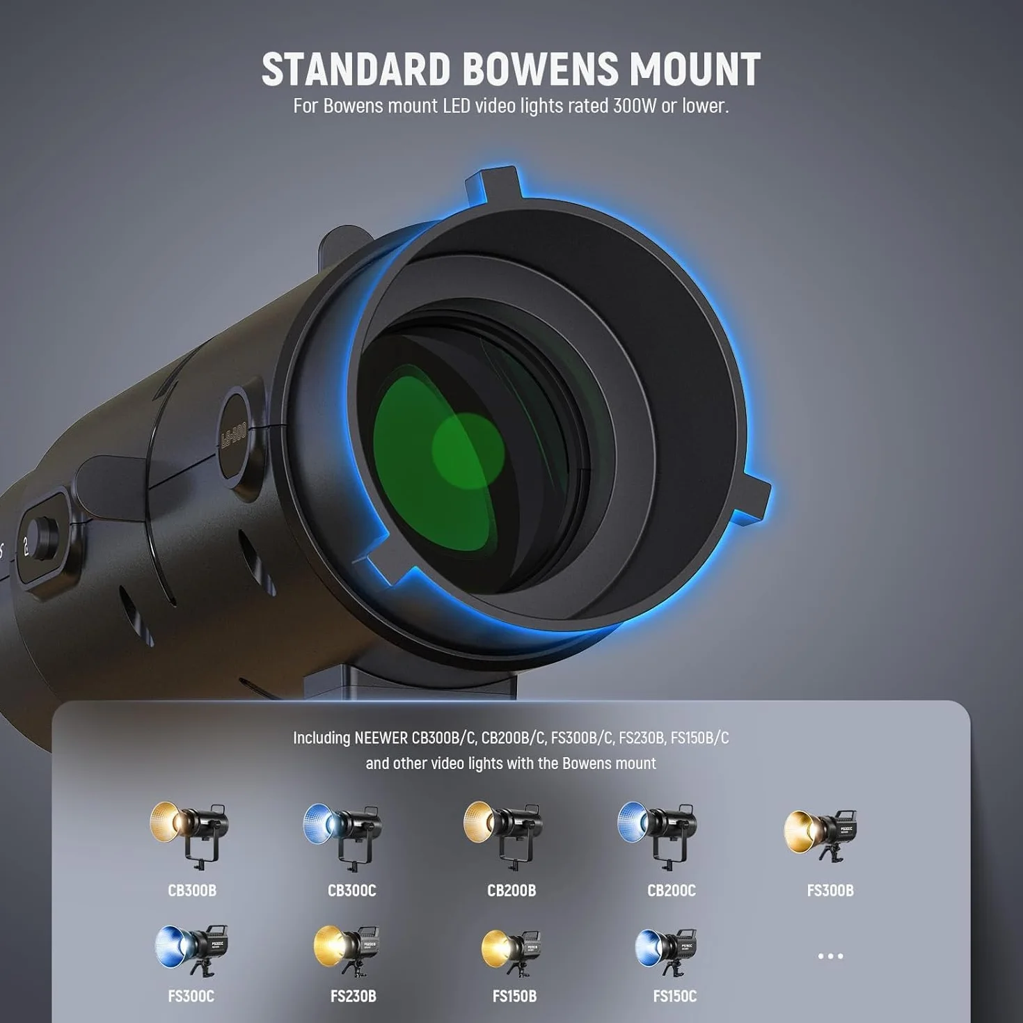 NEEWER LS-300 Reflektor optyczny Snoot do lamp wideo LED o mocy 300 W z obiektywem projekcyjnym 16x Gobo 19° 98% przepuszczalności światła, geometryczny modelujący do kreatywnej fotografii i