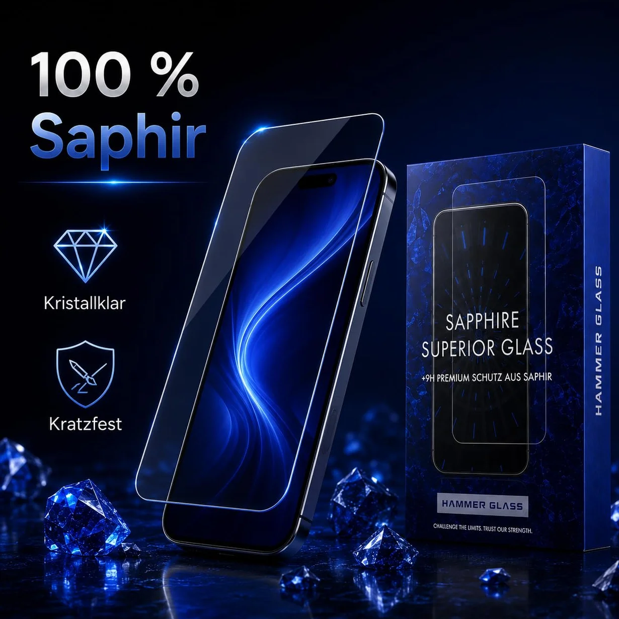 Hammer Glass 100% szafirowe szkło młotkowe do iPhone 17 Air Panzer szkło ochronne, ponad 9H twardość 9H + szkło ochronne na wyświetlacz z szafiru 6,55", łatwe narzędzie do montażu, ultra przezroczyste