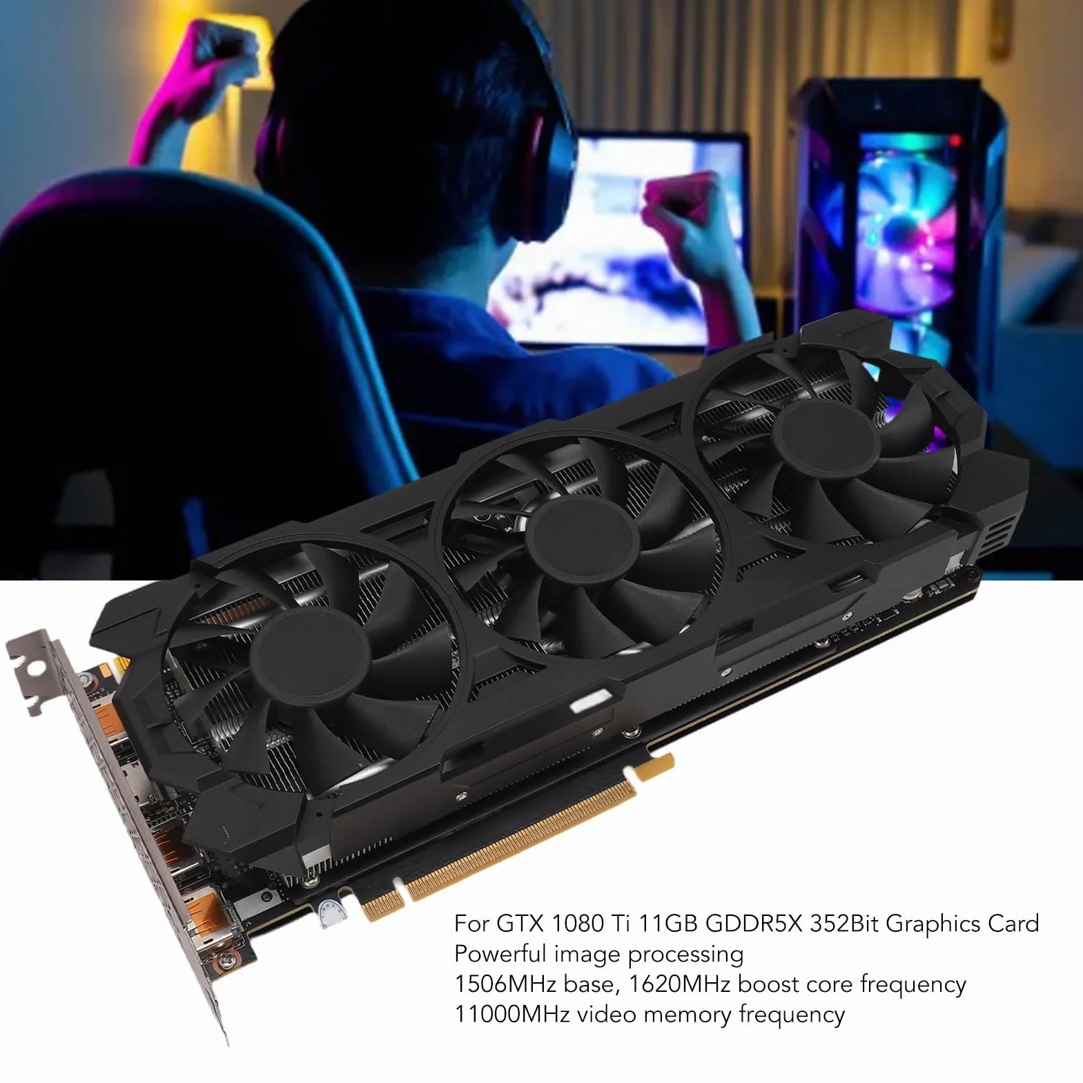 Karta graficzna 1080 Ti, 352-bitowa 11 GB GDDR5X 1506/11000 MHz, karta graficzna PCI Express 3.0, HDMI DP z trzema wentylatorami, do gier biurowych i komputerowych