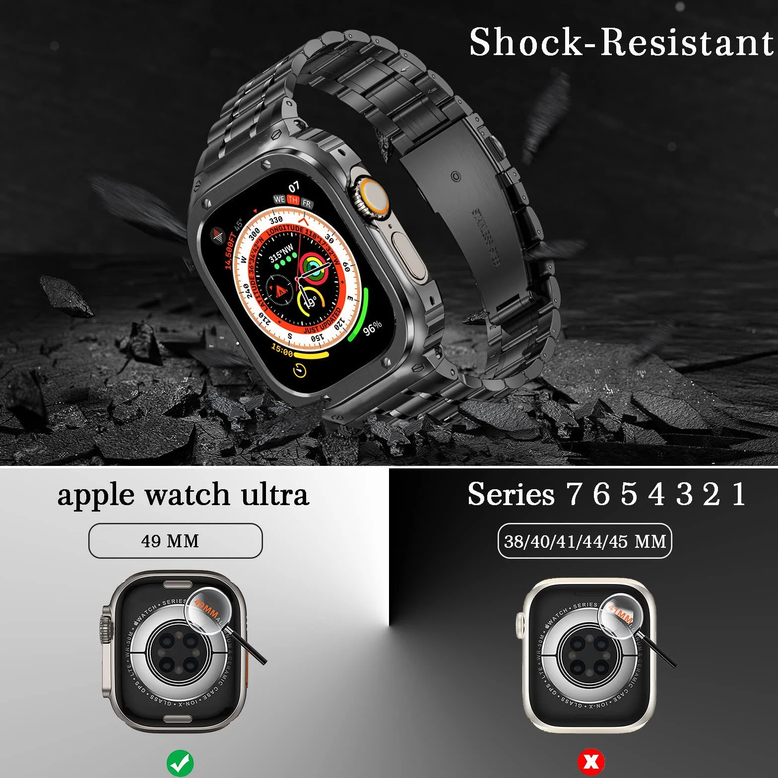 HASLFM Pasek do zegarka Apple Watch z etui, kompatybilny z iWatch Series Ultra (49 mm) 8/7 (45 mm/41 mm) 6/5/4/SE (44 mm/40 mm) 3/2/1 (42 mm/38 mm), paski do iWatch ze stali nierdzewnej i metalowy