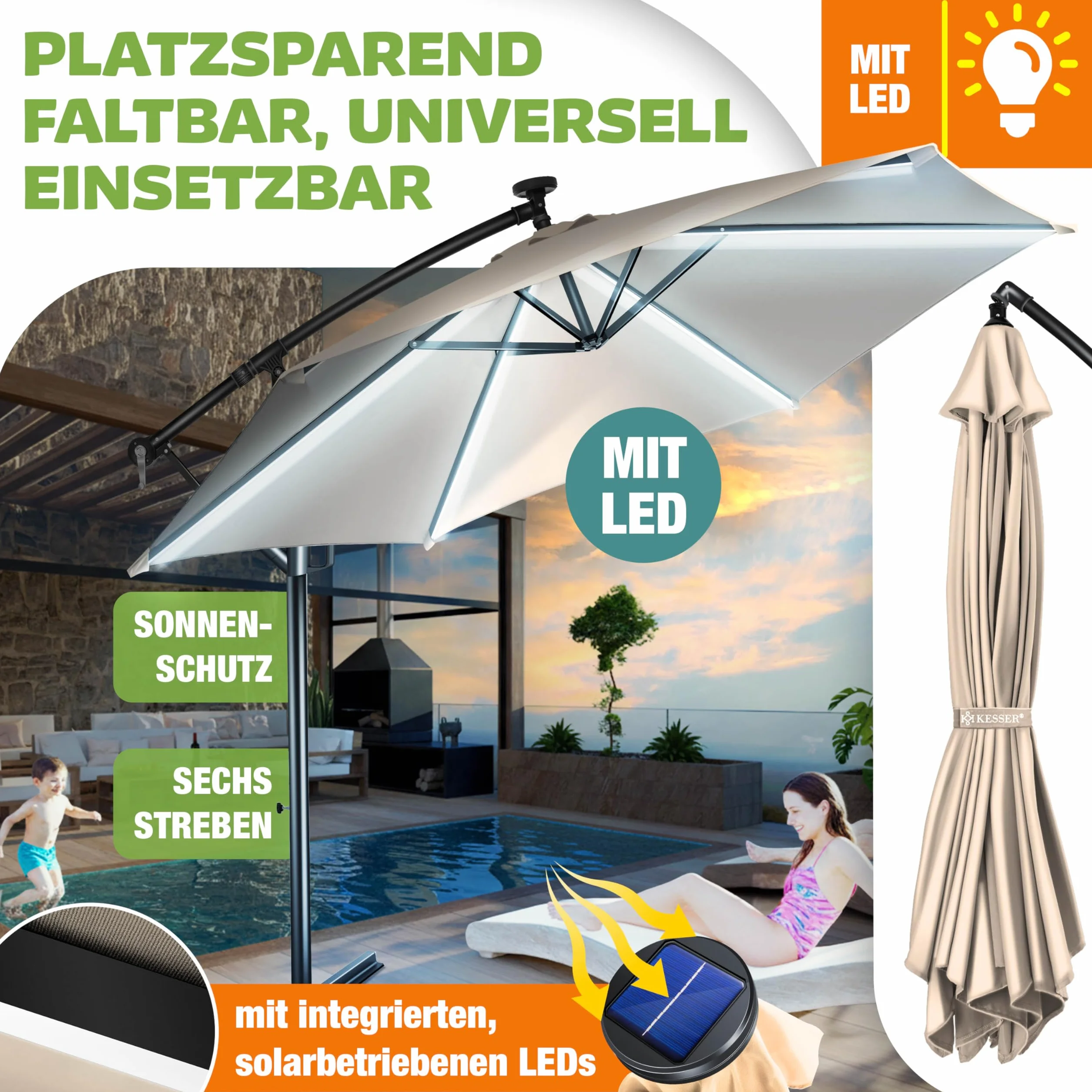 KESSER® Aluminiowy parasol przeciwsłoneczny LED solarny z pokrywą, pilot zdalnego sterowania i korbą, parasol korbowy ze stojakiem, funkcja 360°, ochrona przed promieniowaniem UV, aluminium, odporny