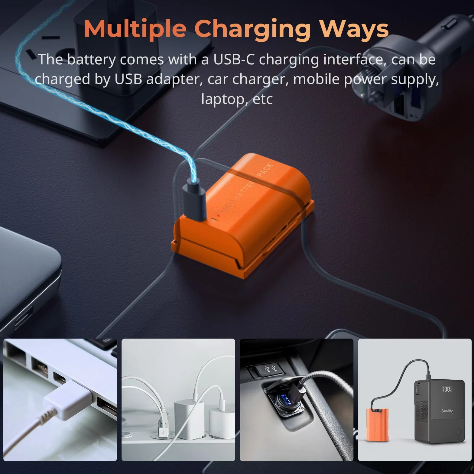 Akumulator SMALLRIG LP-E6NH 2400mAh Akumulator USB-C do aparatów Canon R5, R6, R7, 2,5H W pełni naładowany akumulator do aparatów Canon R6 Mark II, R, R5 C, 5D II/III/IV, pomarańczowy - 4968