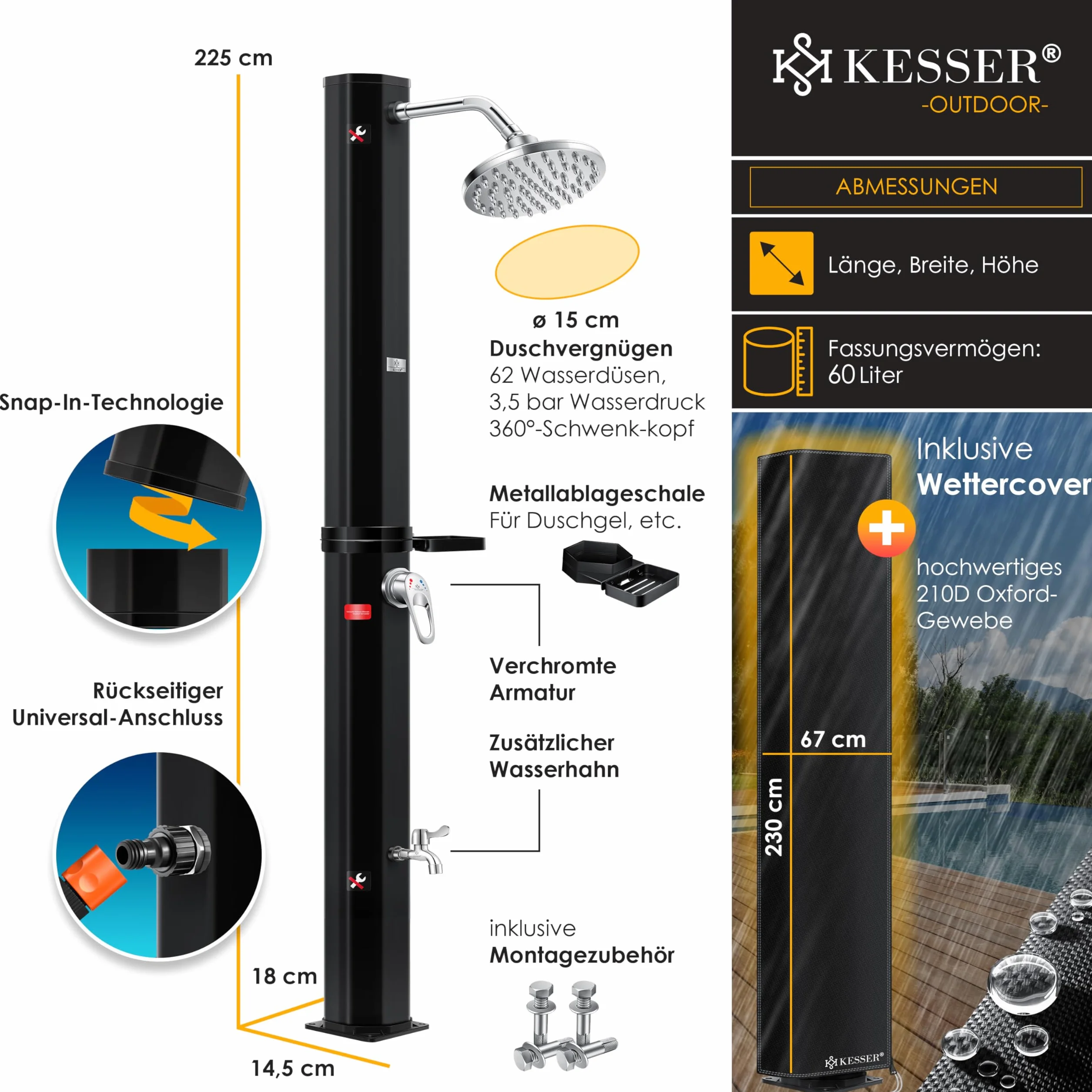 KESSER Prysznic solarny 60 l ogrodowy basenowy z metalową półką