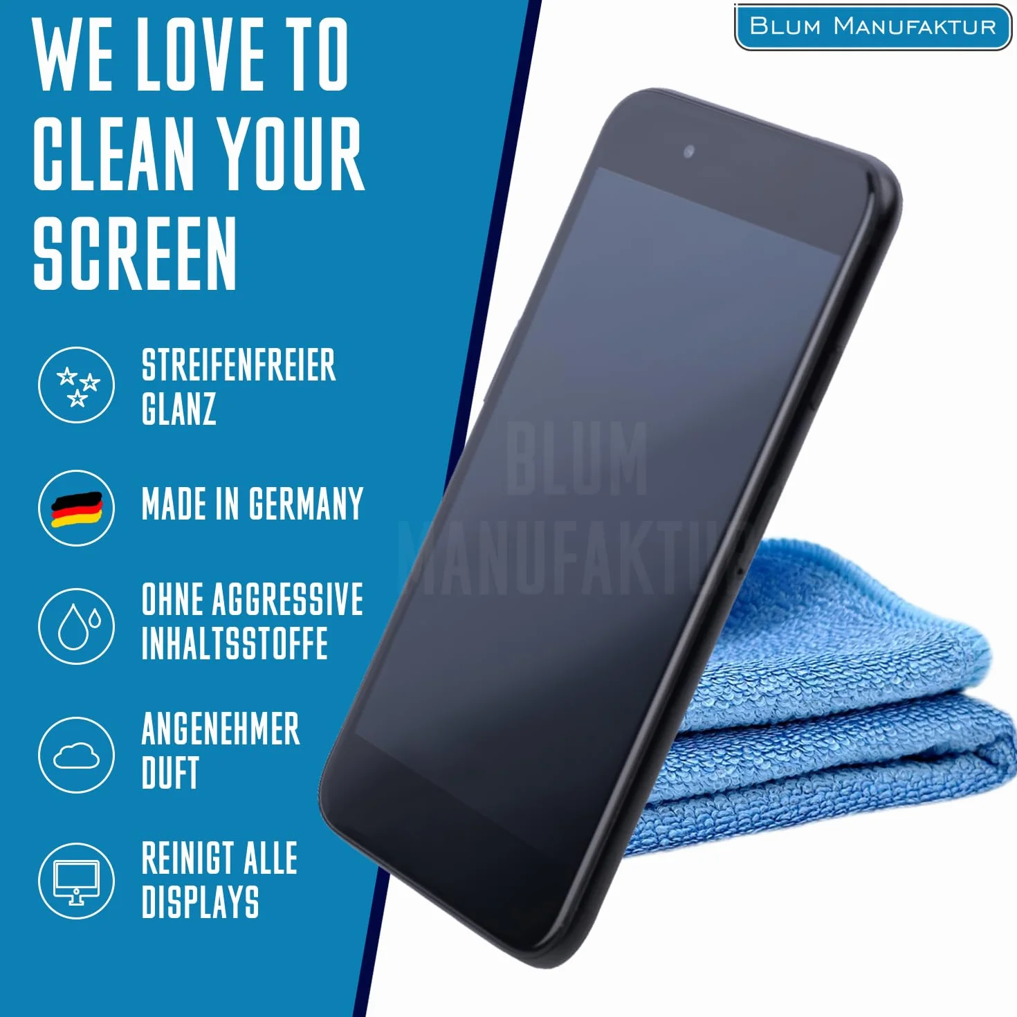 Blum Manufaktur Screen Cleaner 250 ml - środek do czyszczenia ekranów - środek do czyszczenia komputerów - w zestawie ściereczka z mikrofibry 30 x 30 cm - środek do czyszczenia monitorów - Made in Germany