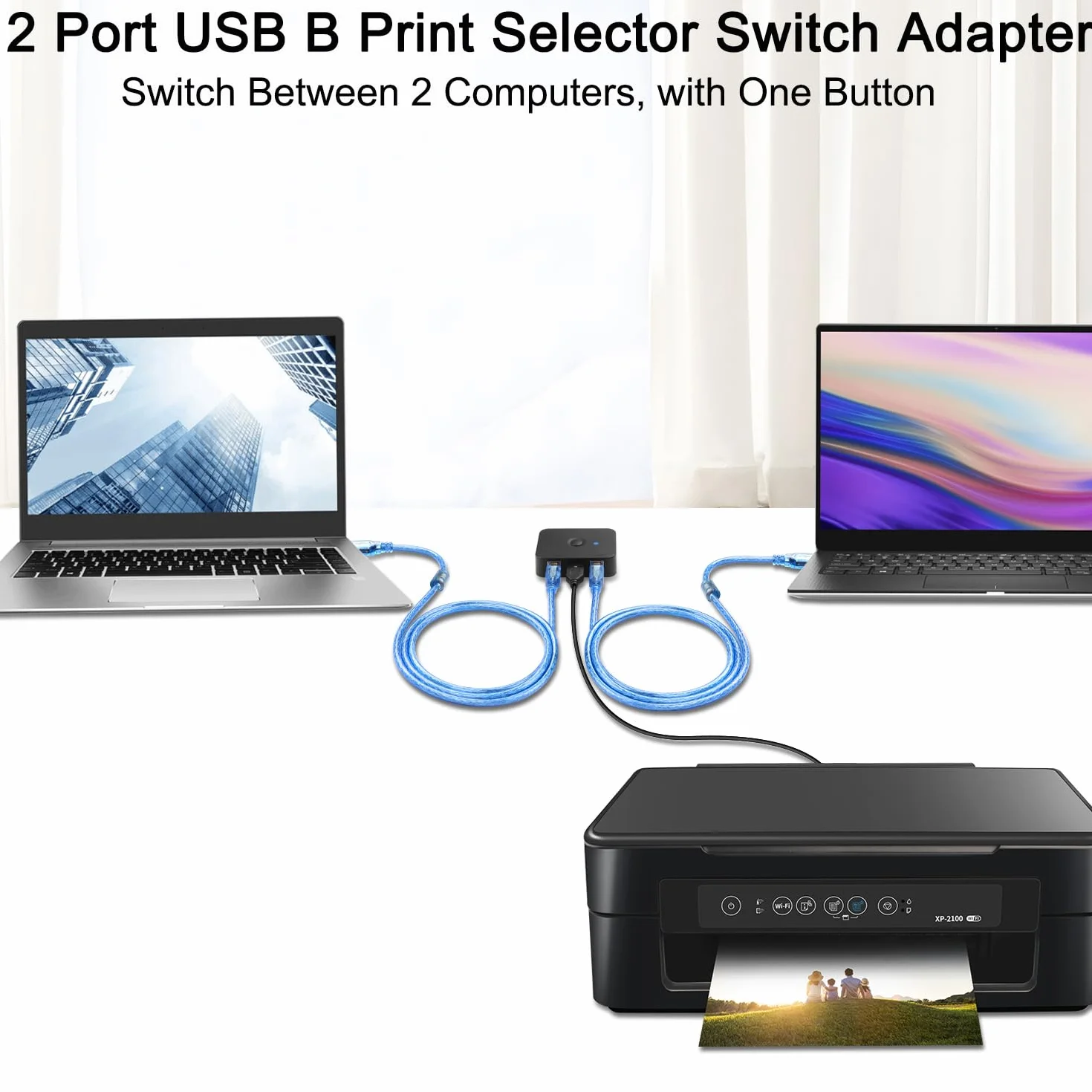 QIANRENON USB2.0 Printer Sharing Switch 2 porty USB B przełącznik drukowania, adapter 2 części komputerowe, 1 drukarka, przełącznik ręczny, ze światłem LED, w zestawie 2 x kabel USB 2.0 do drukarki
