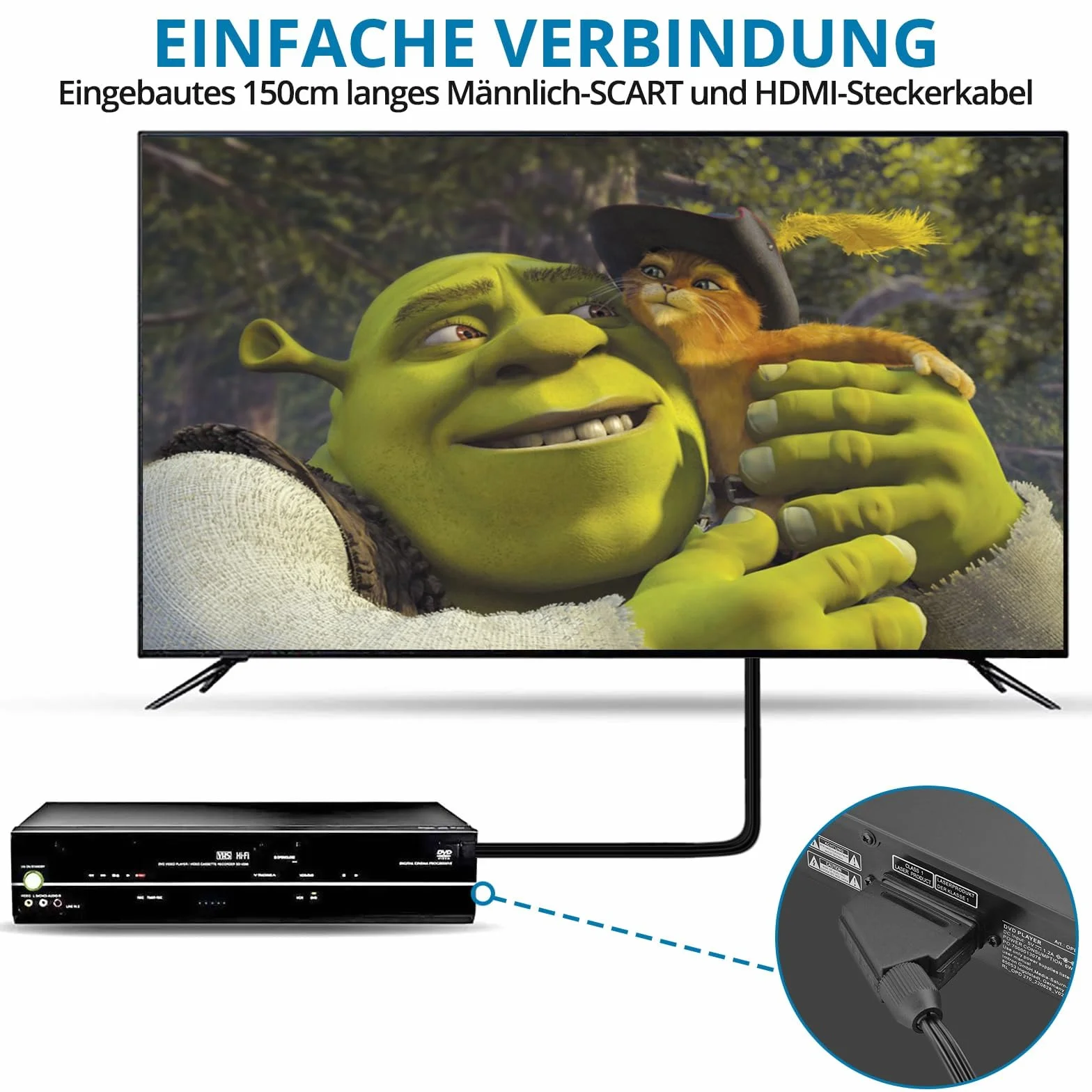 AUTOUTLET Konwerter Scart na HDMI, konwersja 16:9/4:3 i PAL/NTSC, 1080p SCART na HDMI adapter z 150 cm męski zintegrowany kabel, adapter wideo konwerter audio do HDTV, VCR, VHS, DVD