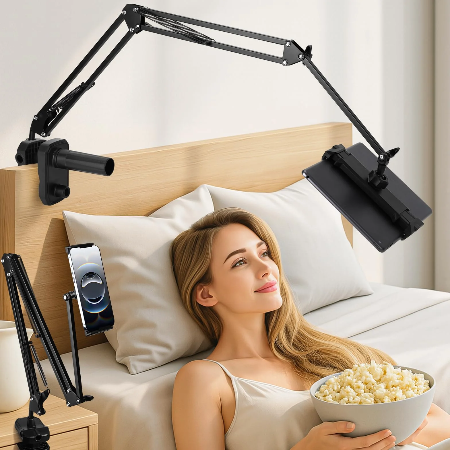 Uchwyt na tablet do łóżka, regulowany uchwyt z metalowym ramieniem, superelastyczny, kompatybilny z iPad, Samsung Galaxy i Kindle, ergonomiczny, dla urządzeń o przekątnej od 4 do 13 cali