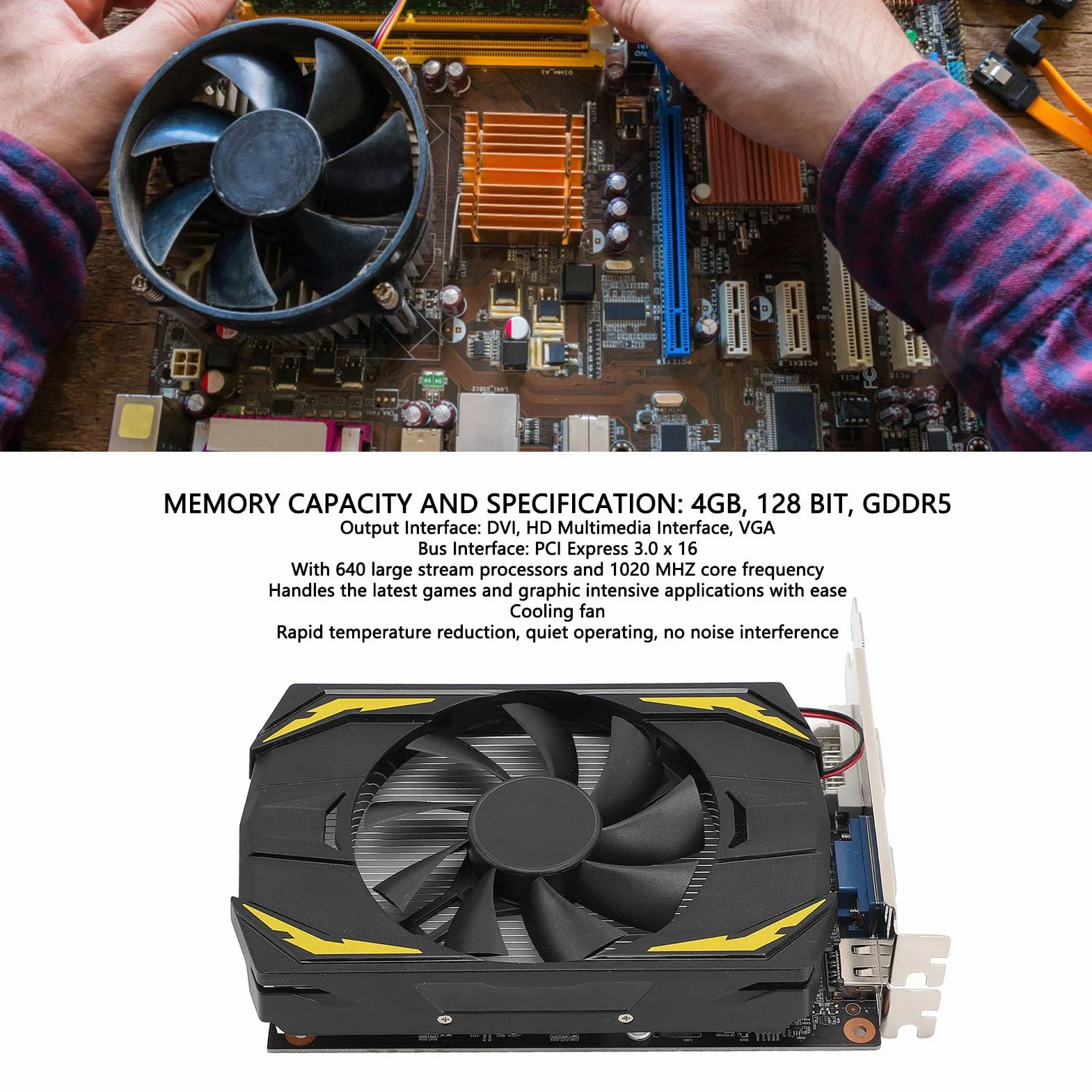 Karta Graficzna, 4 GB GDDR5 128 Bit 1080 P HD, PCI Express 3.0x16 DVI 640SP do Gier Roboczych z DirectX 12, Shader Model 5.0