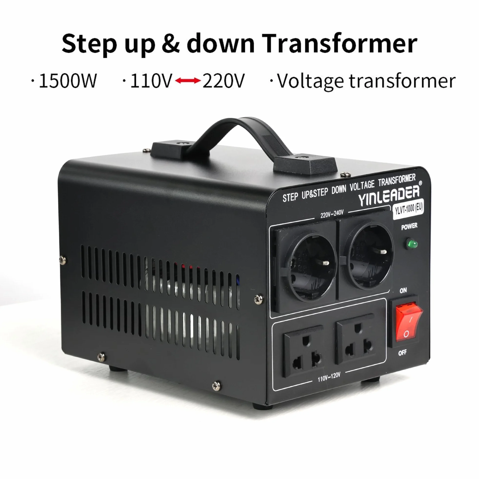Yinleader Transformator konwertera napięcia 1000 W 110 V/220 V, certyfikat CE, gniazda 2 x 110 V/220 V, ochrona przed przeciążeniem, 1000 VA, 50/60 Hz, 4,1 kg