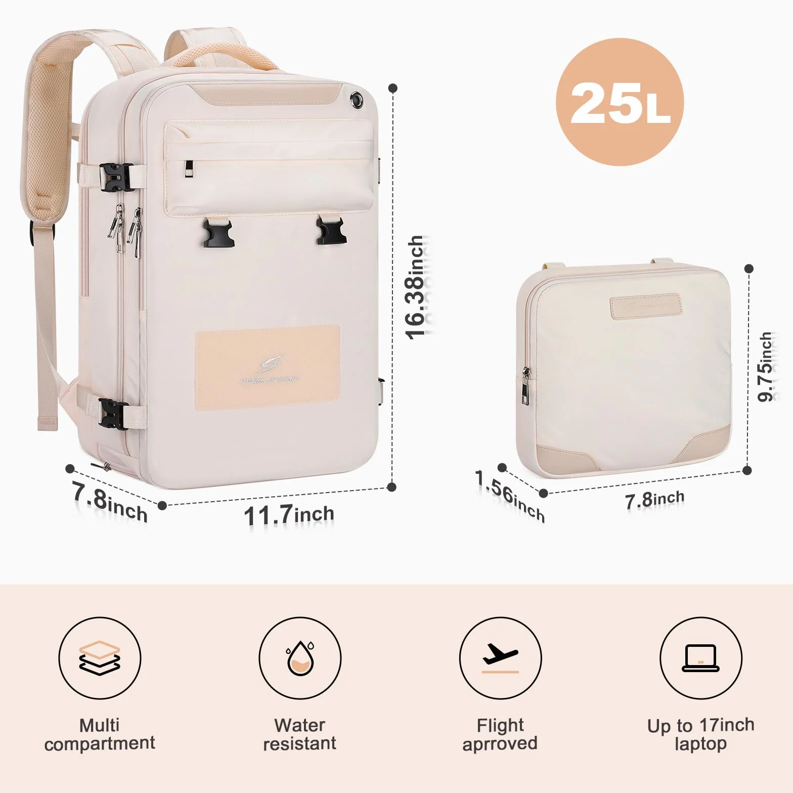 Maelstrom Plecak podróżny dla kobiet i mężczyzn, pojemność 25 l, pasuje na laptopa 17″, wodoodporny plecak podręczny do samolotu z odpinaną torbą na ramię i przegrodą na buty, beżowy, rozm. M