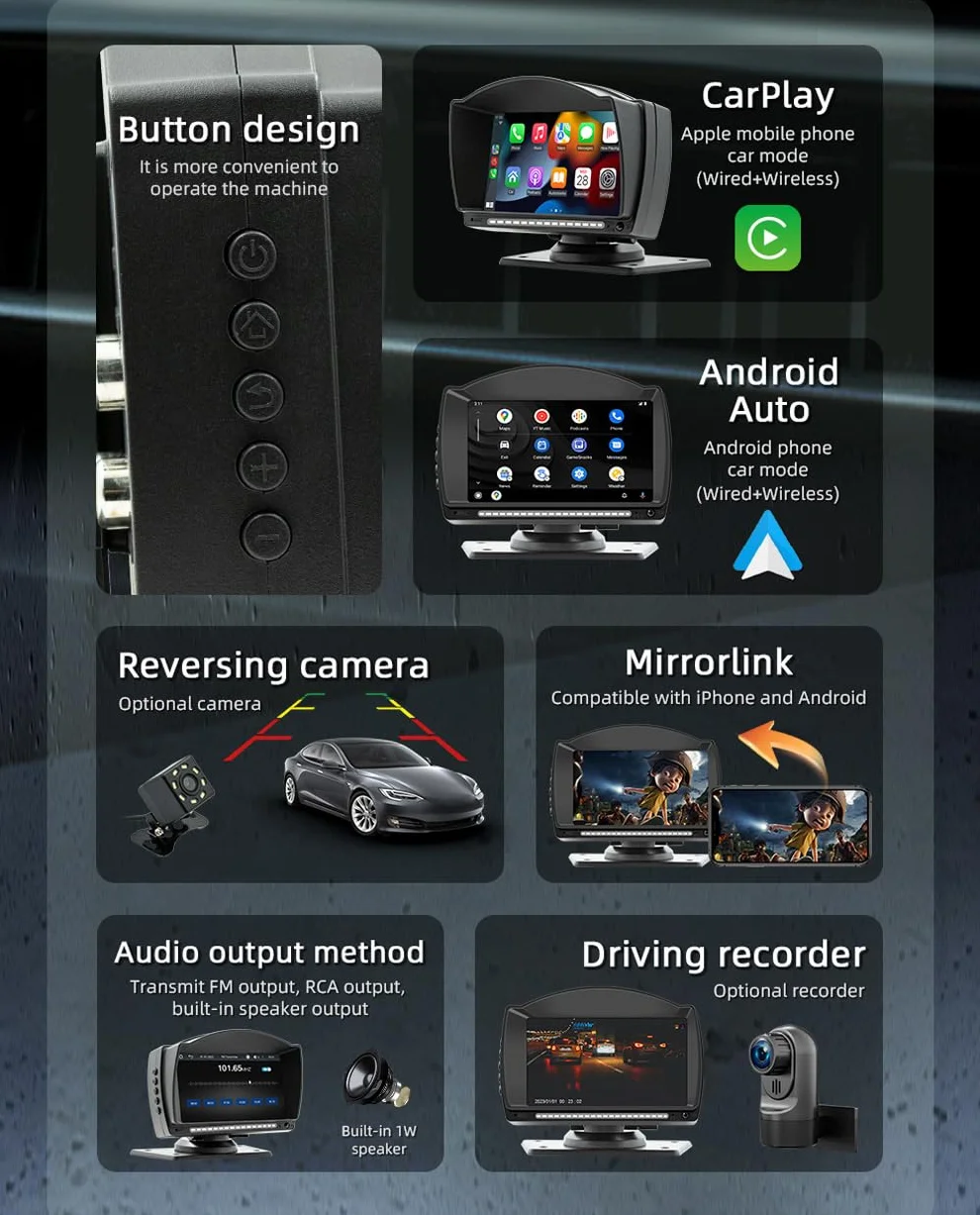 XRC TECH ekran dotykowy IPS o przekątnej 4,7 cala, przenośne radio samochodowe do bezprzewodowego Carplay, Android, automatyczny odtwarzacz multimedialny, Bluetooth, zestaw głośnomówiący, lustrzane