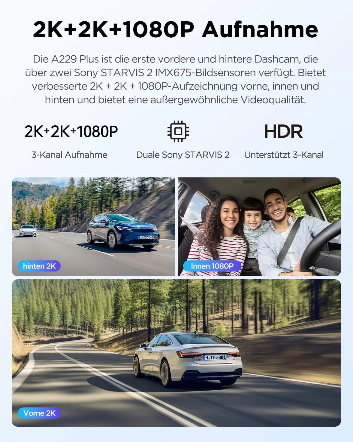VIOFO A229 Plus 3 Lens 2K + 2K + 1080p, Dual STARVIS 2, HDR kamera samochodowa z przodu z tyłu, sterowanie głosem i 5 GHz Wi-Fi kamera samochodowa, ultraprecyzyjny GPS, super widoczność w nocy 2.0