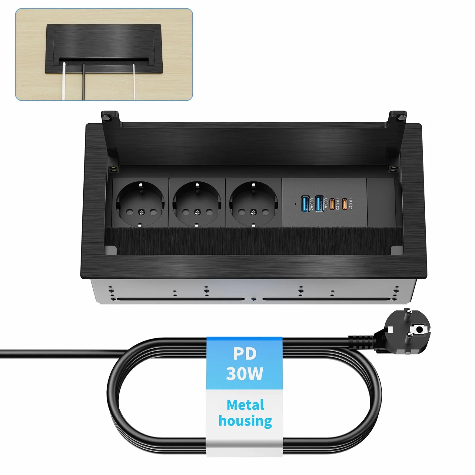 Gniazdko do zabudowy z aluminium, z 3 gniazdami wtykowymi i 4 portami USB (2 x USB-C PD 30 W, 2 x USB-A), chowane gniazdko stołowe na biurko i do biura, kabel 1,8 m, czarne