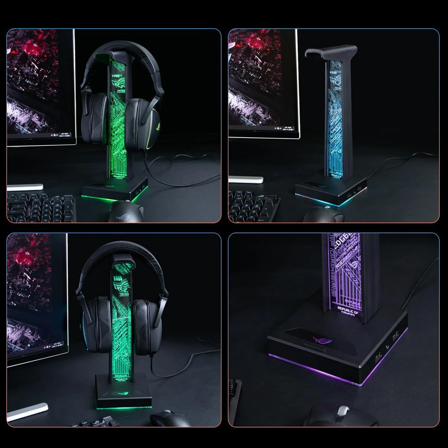 Stojak na słuchawki gamingowe z oświetleniem RGB, uchwyt na słuchawki LED z 2 portami USB i portami audio 3,5 mm, 10 trybów świecenia do wszystkich słuchawek