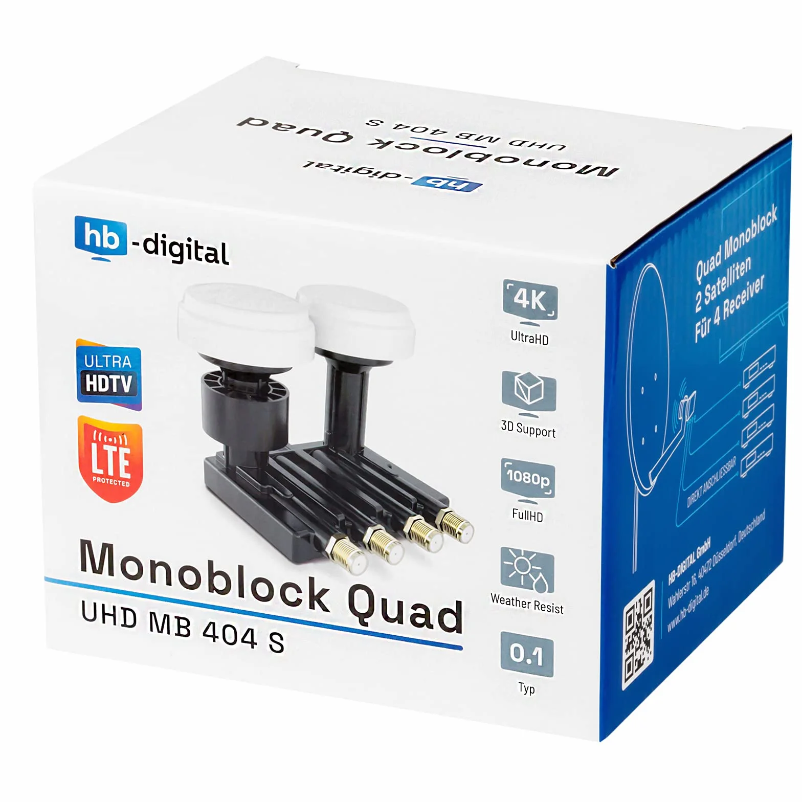 hb-digital Monoblock Quad LNB UHD MB 404 S LNC dla 4 uczestników/odbiornika Direkt 2 satelity Astra 19,2° Hotbird 13° Full HD TV 3D 4K + 8 x wtyk F pozłacany + 2 x gumowe tulejki + 1 x klucz montażowy