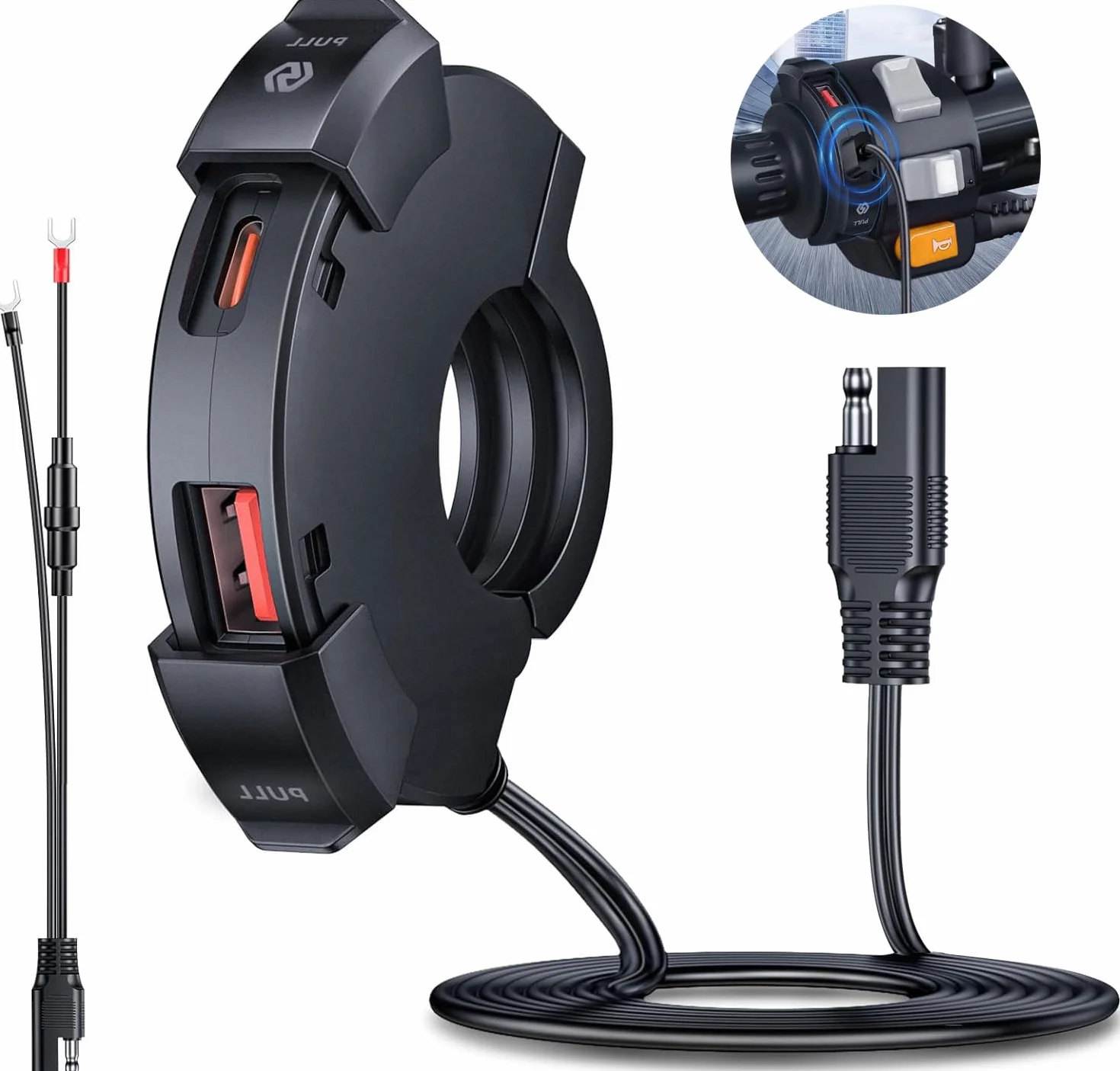 Okrągła konstrukcja motocyklowa ładowarka USB, 30 W typ C PD i 18 W QC3.0 USB-A porty ładowarki do telefonu motocyklowego, 12 V-24 V SAE do portu USB do wszystkich telefonów, GPS
