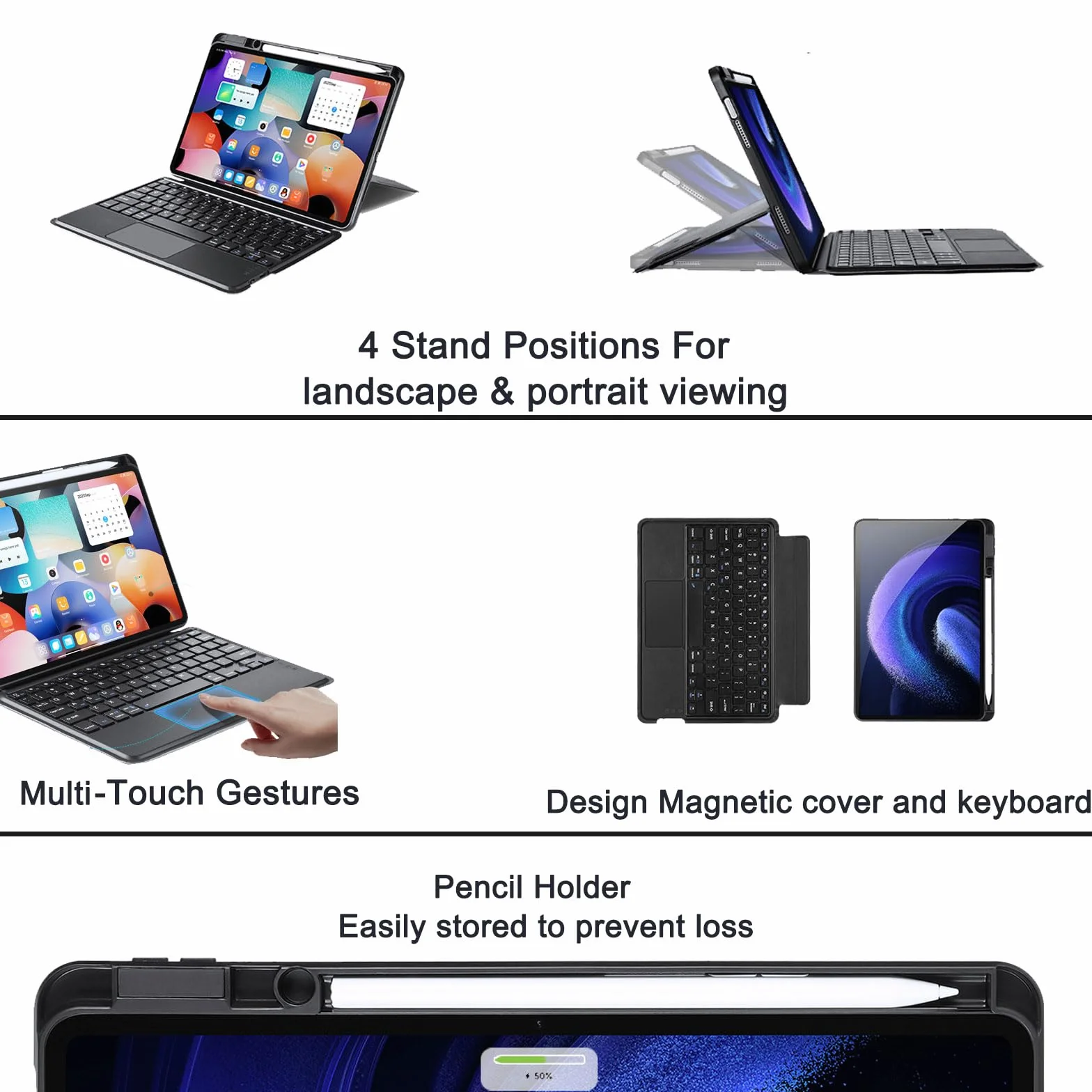 Etui na klawiaturę do Xiaomi Mi Pad 6/ Pad 6 Pro 11 cali 2023, magnetycznie odłączana bezprzewodowa klawiatura Bluetooth z gładzikiem, etui Folio z uchwytem na ołówek, regulowany stojak
