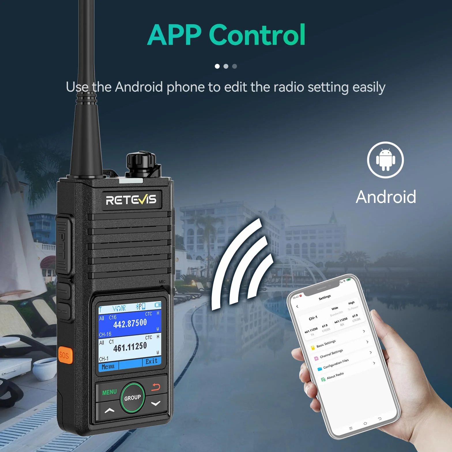 Retevis RB658 Walkie Talkie Bluetooth, Profesjonalne 2-Way Radio App Ustawienie, Połączenie Grupowe, 1800 mAh USB C, IP54, do Sprzedaży Detalicznej (4 Paczki, Czarny)