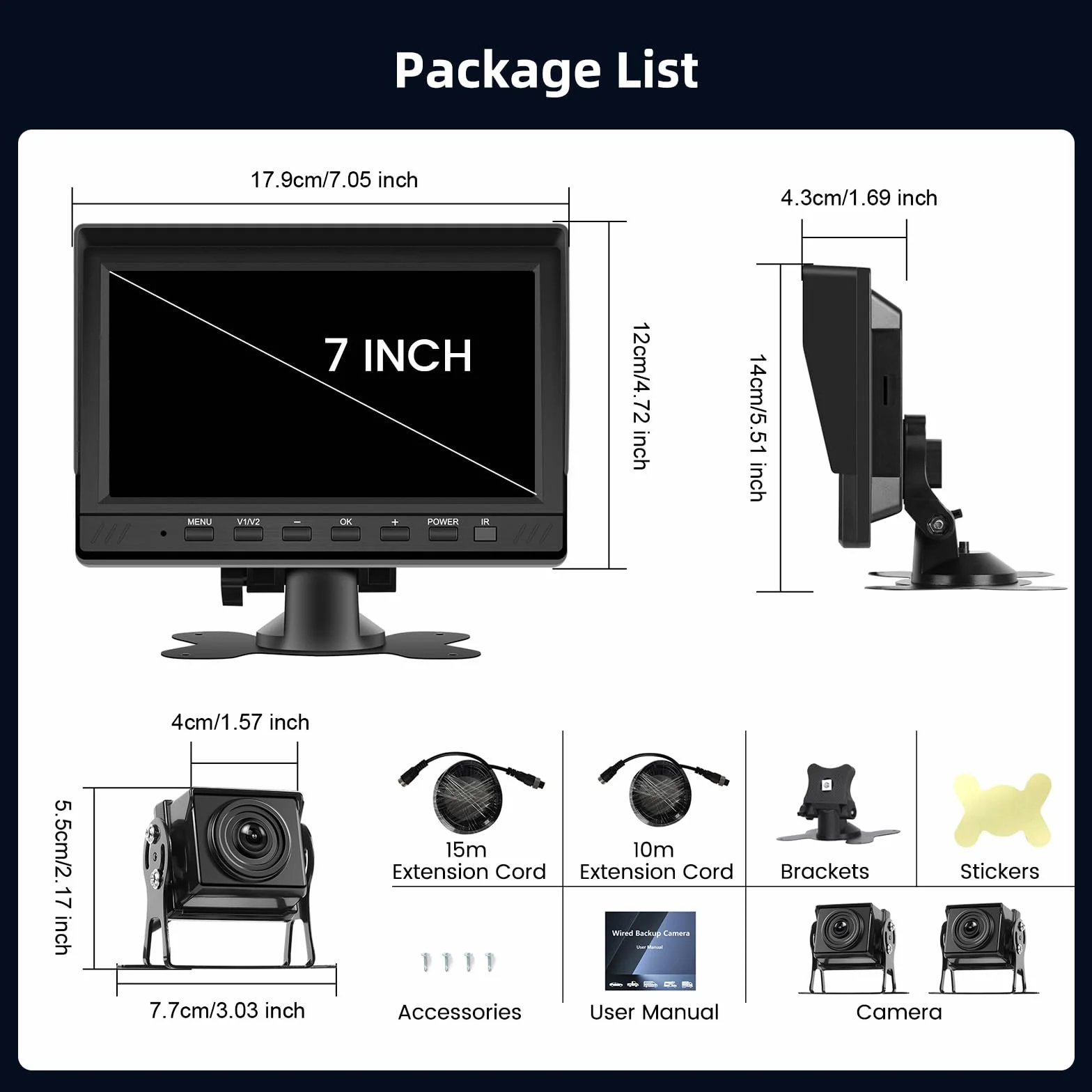 Hikity 12-36V Cyfrowy Zestaw 2 Kamer Cofania*2, 7-calowy Monitor 1080P IPS, Wodoodporna Kamera Cofania z Noktowizją DIY Linie Parkowania dla Kamperów, Przyczep i Ciężarówek