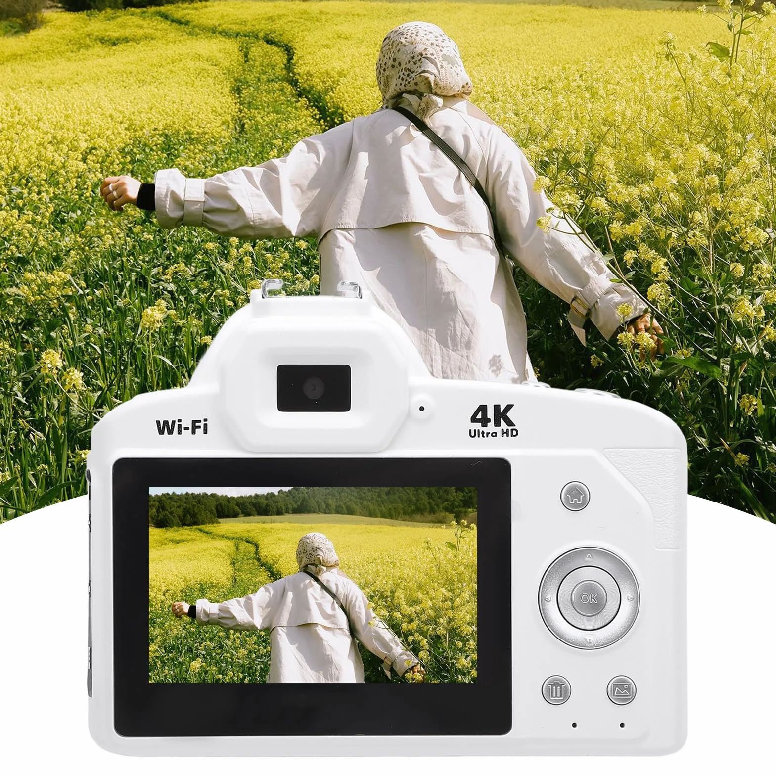 Kompaktowy Aparat Podróżny, Aparat Cyfrowy 4K do Robienia zdjęć i Filmów, Aparat do Vlogowania 64 MP, Autofokus Zapobiegający Drganiom, 3-calowy Obiektyw Szerokokątny 120°,