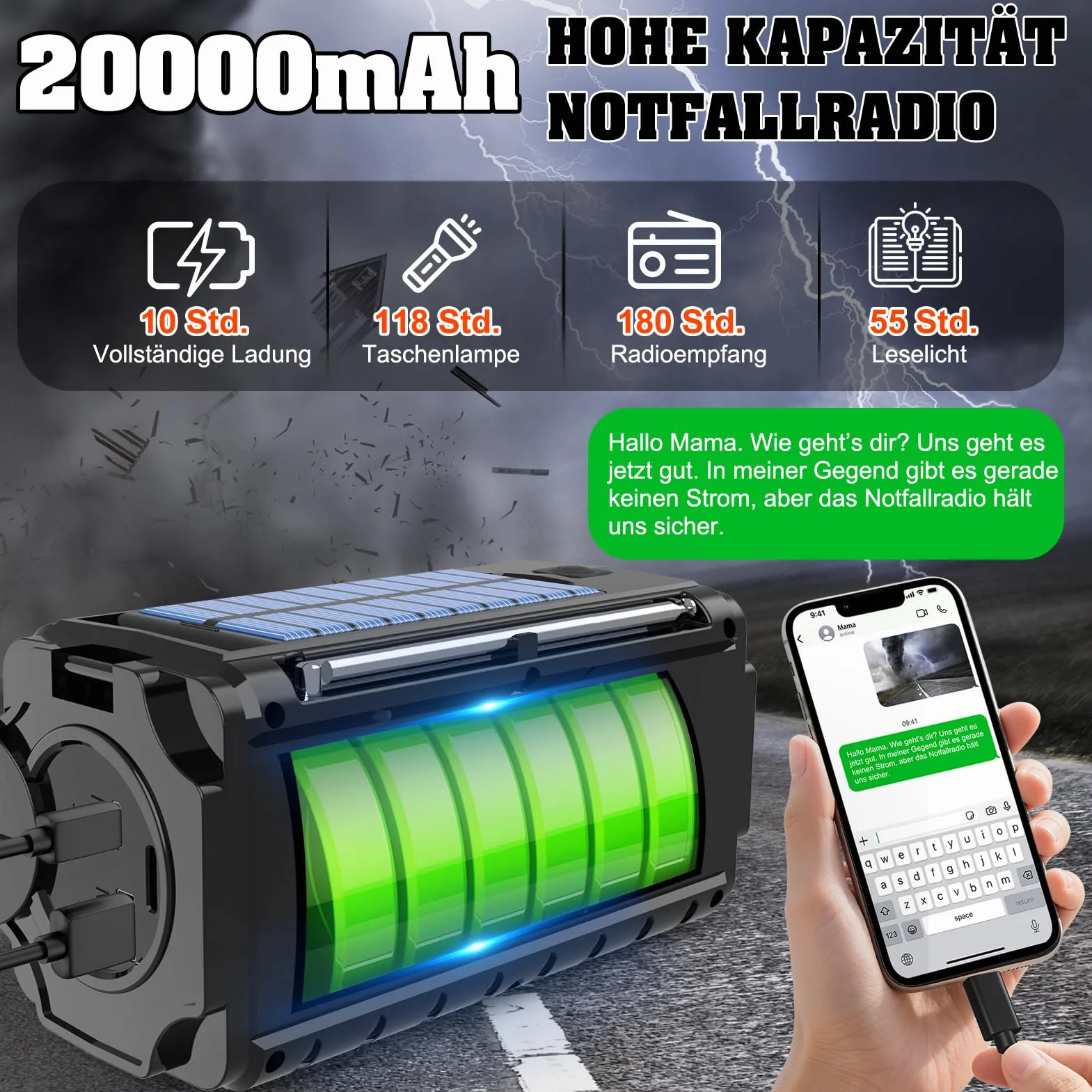 Nigecue Radio Solarne 20000mAh, Przenośne z Korbą, Dynamo z AM/FM, Wbudowana Bateria Akumulatorowa, 3 Tryby LED Latarki, LED Lampa do Czytania z Czujnikiem Ruchu