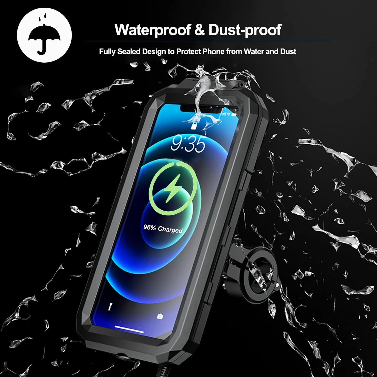 iMESTOU Wodoodporny uchwyt na telefon motocyklowy IP67/ładowarka USB C do kierownicy telefonu komórkowego z obrotem o 360° do telefonów 4,7-6,1" (S)