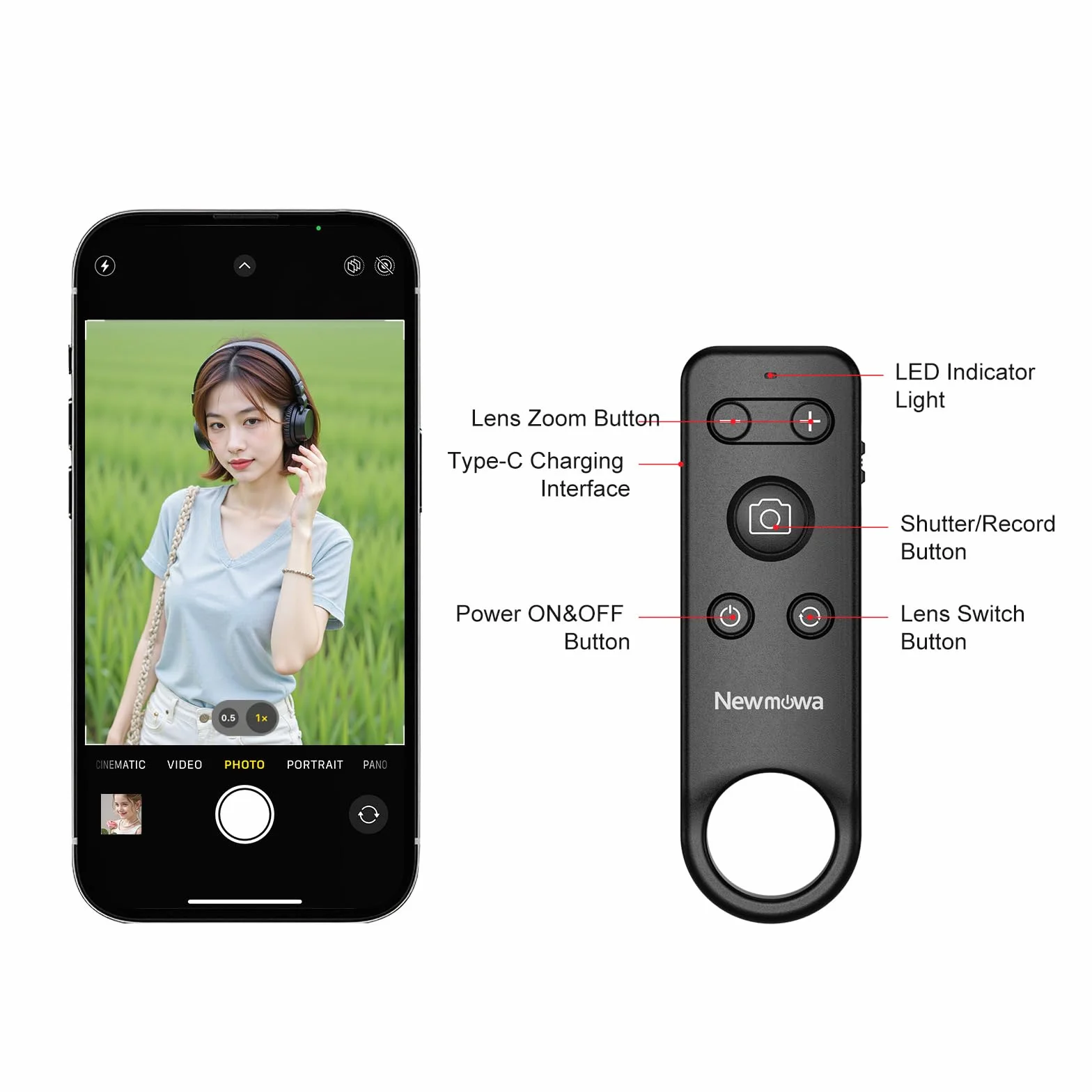 Newmowa Pilot Bluetooth do zdjęć z zoomem dla iPhone (NIE dla iOS 26) | Nagrywanie Wideo/Robienie zdjęć/Przełączanie Kamer akumulatorowy,ładowalny Przenośny Pilot Migawki do Selfie Vlog Podróży