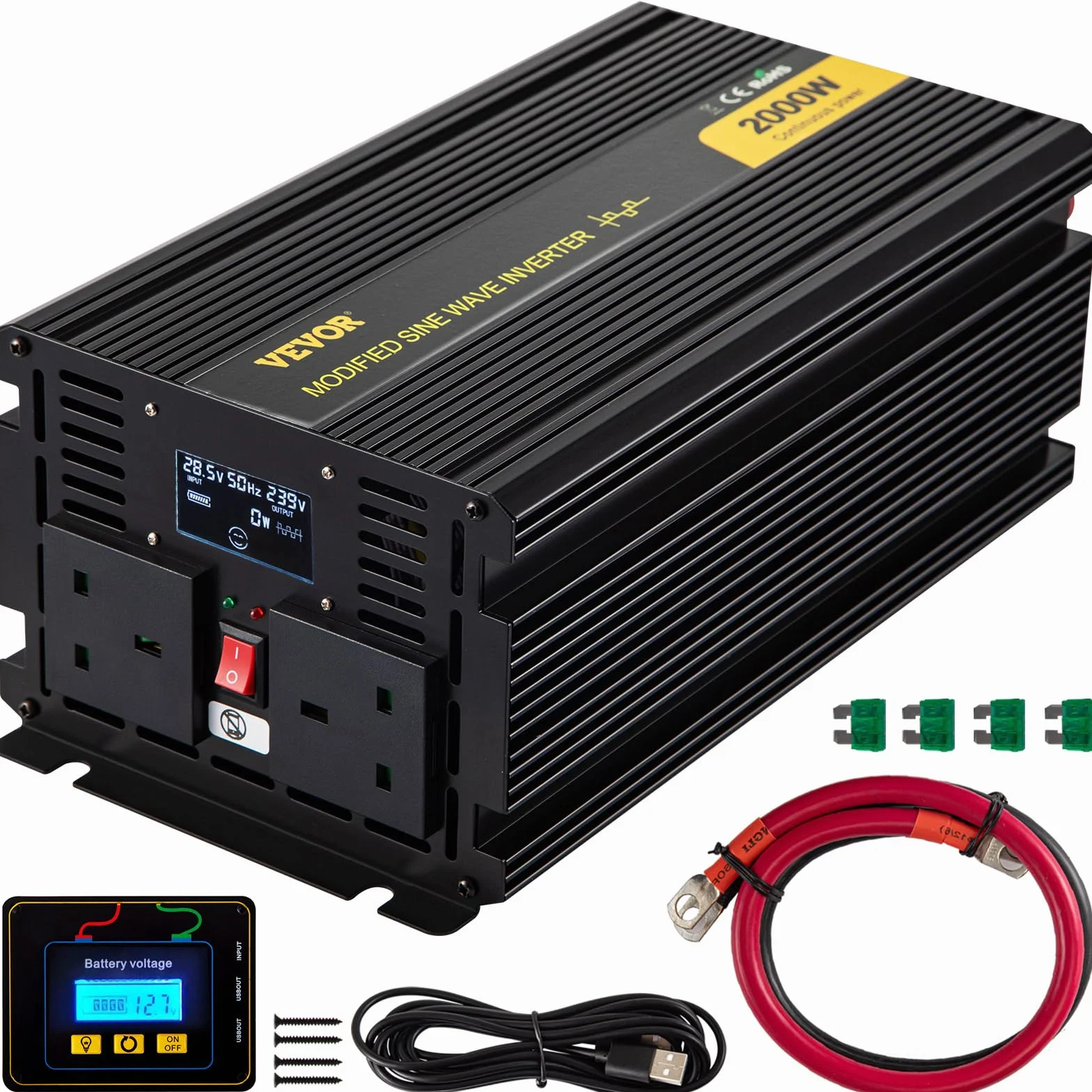 VEVOR Przetwornica fali sinusoidalnej o modyfikowanym napięciu z 24 V DC na 240 V AC Transformator ze zmianą mocy 2000 W na 4000 W, falownik ze zmienioną falą z wyświetlaczem LCD, pilot LCD